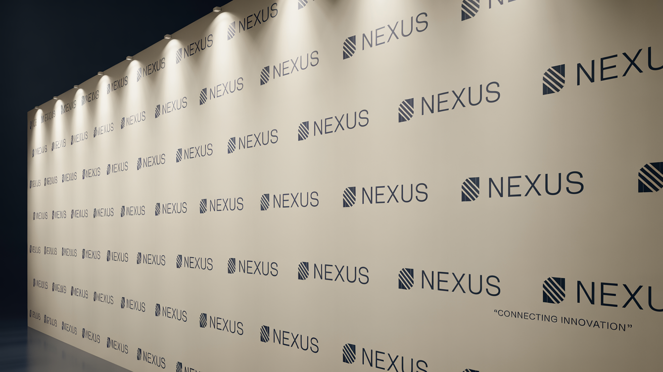 A professional step and repeat backdrop for an event, shown at an angle, featuring a repeating diagonal pattern of the fictional company logo 'NEXUS' in navy blue on an off-white background.