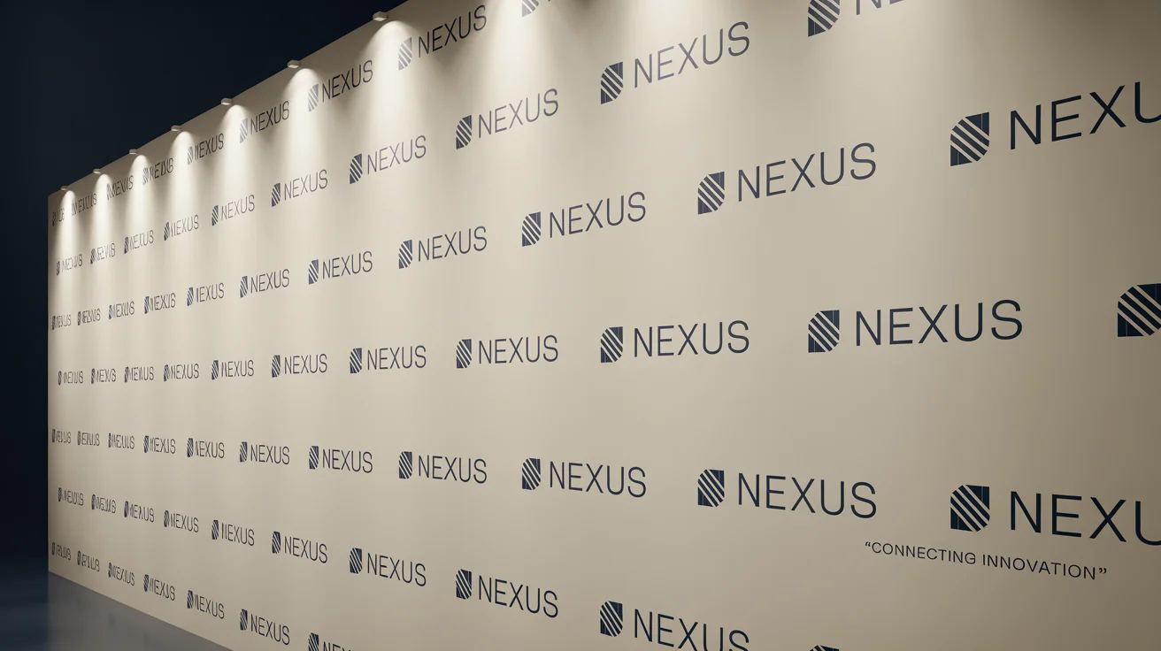A professional step and repeat backdrop for an event, shown at an angle, featuring a repeating diagonal pattern of the fictional company logo 'NEXUS' in navy blue on an off-white background.