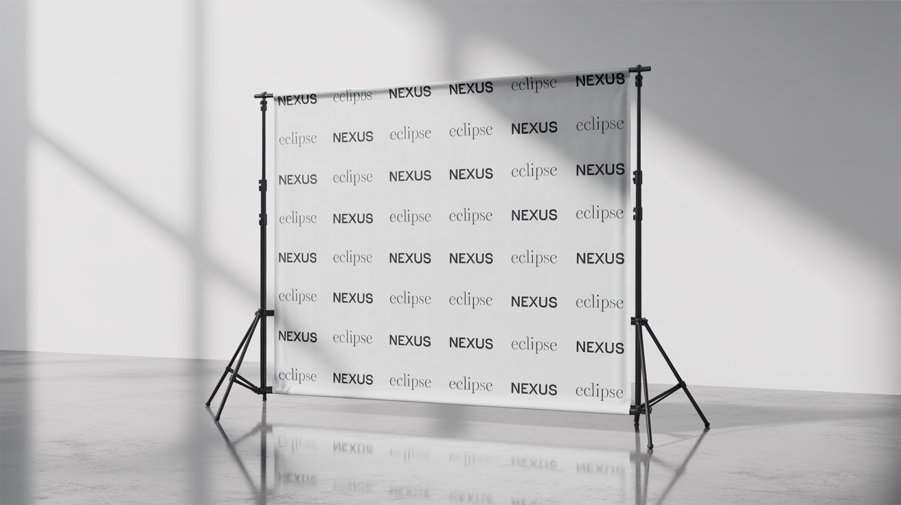 A product mockup of a step-and-repeat event backdrop featuring the repeating fictional logos "NEXUS" and "ECLIPSE" on a stand against a clean white background.