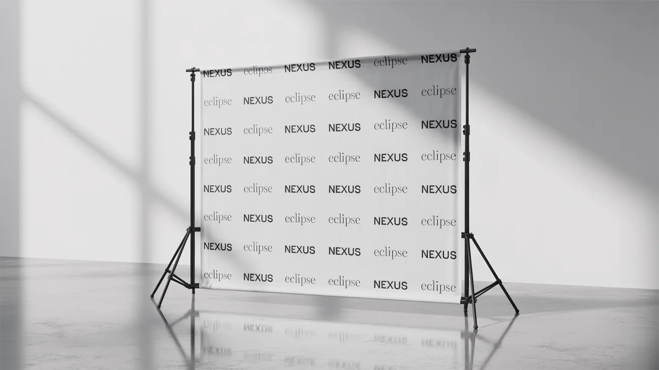 A product mockup of a step-and-repeat event backdrop featuring the repeating fictional logos "NEXUS" and "ECLIPSE" on a stand against a clean white background.