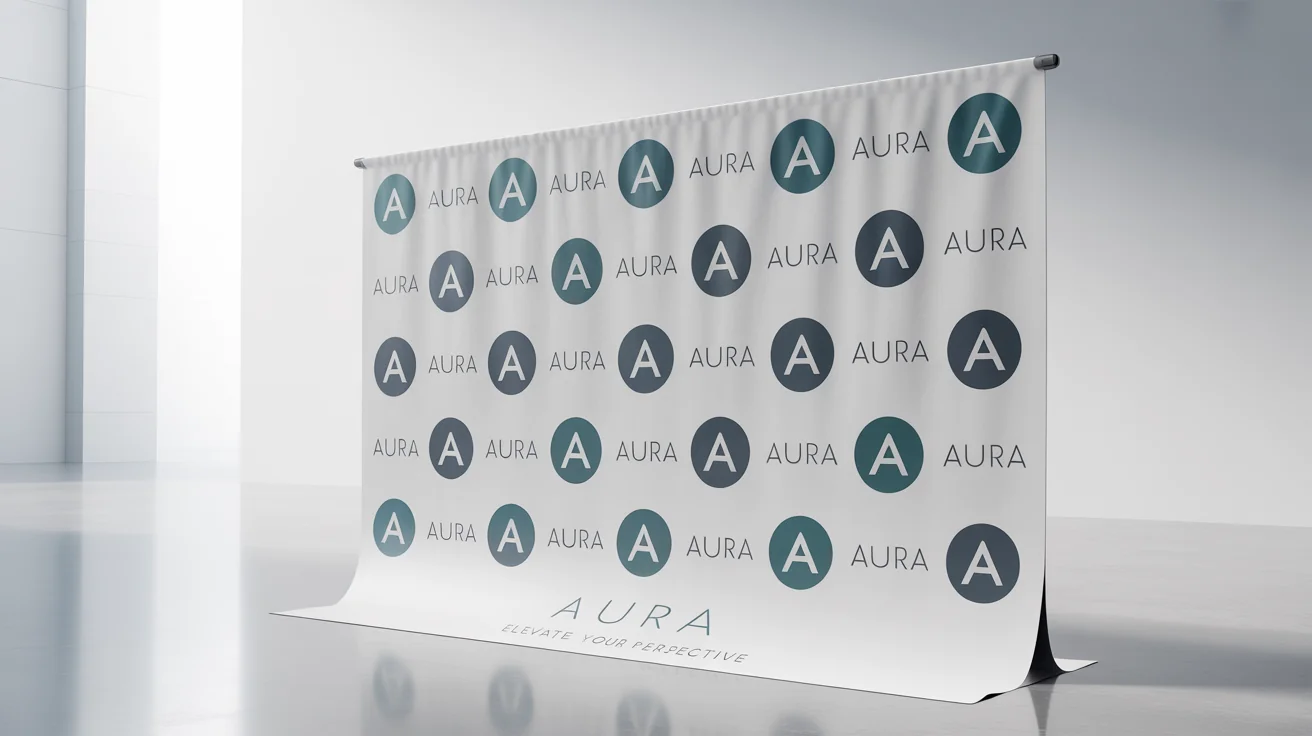 A professional step and repeat banner for the brand 'AURA', featuring its logo and name in a repeating pattern, displayed against a clean white background.