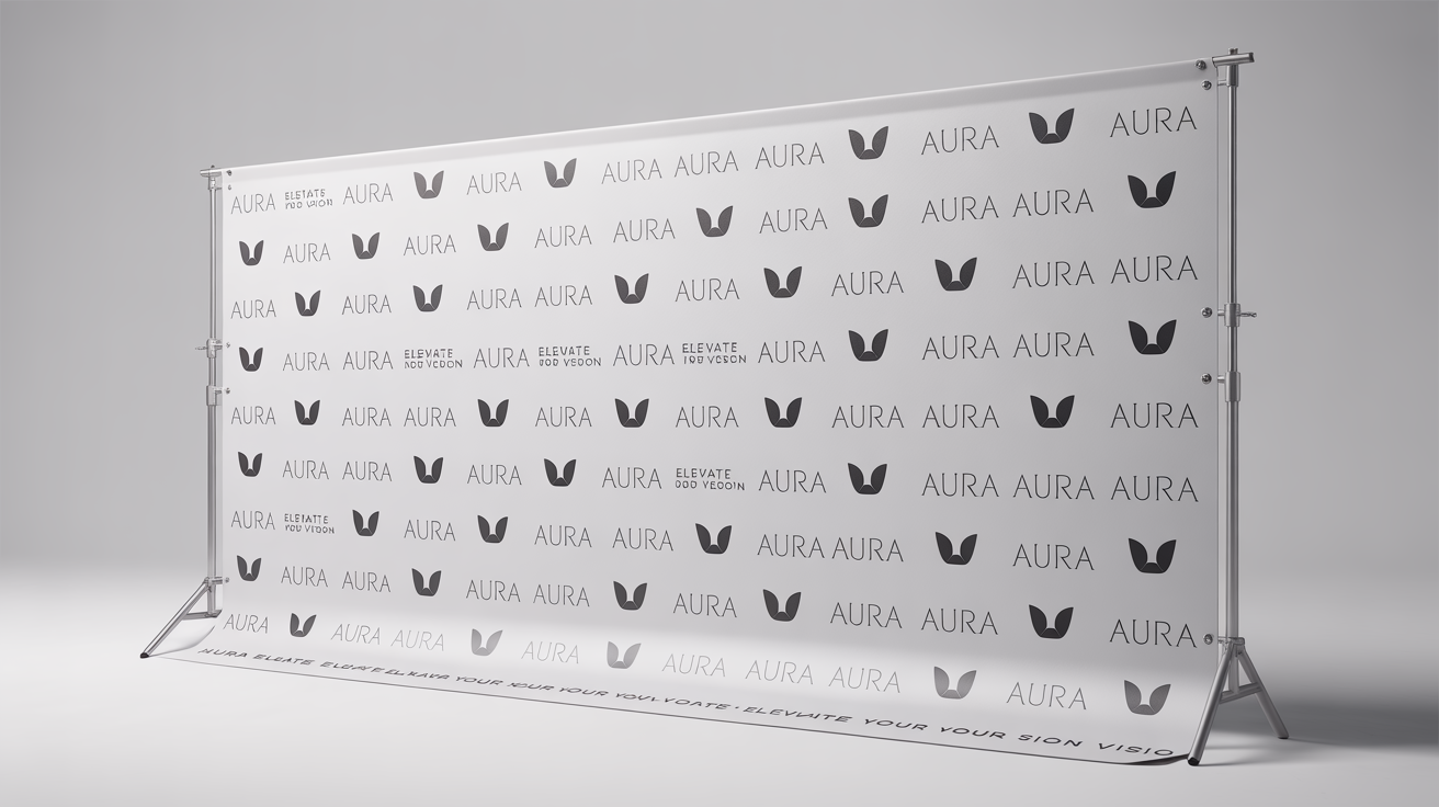 A product mockup of a white step and repeat banner on a metal stand, featuring a repeating pattern of a stylized bird logo and the word 'AURA'.