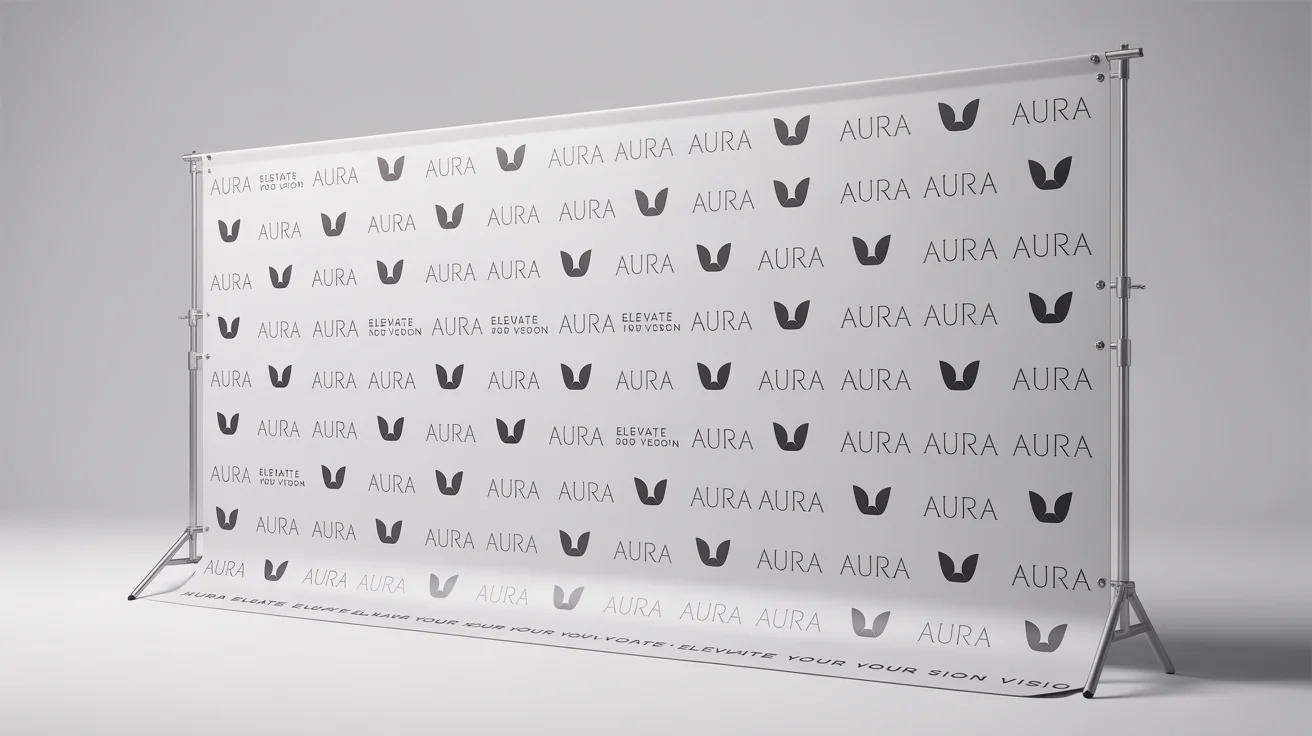 A product mockup of a white step and repeat banner on a metal stand, featuring a repeating pattern of a stylized bird logo and the word 'AURA'.