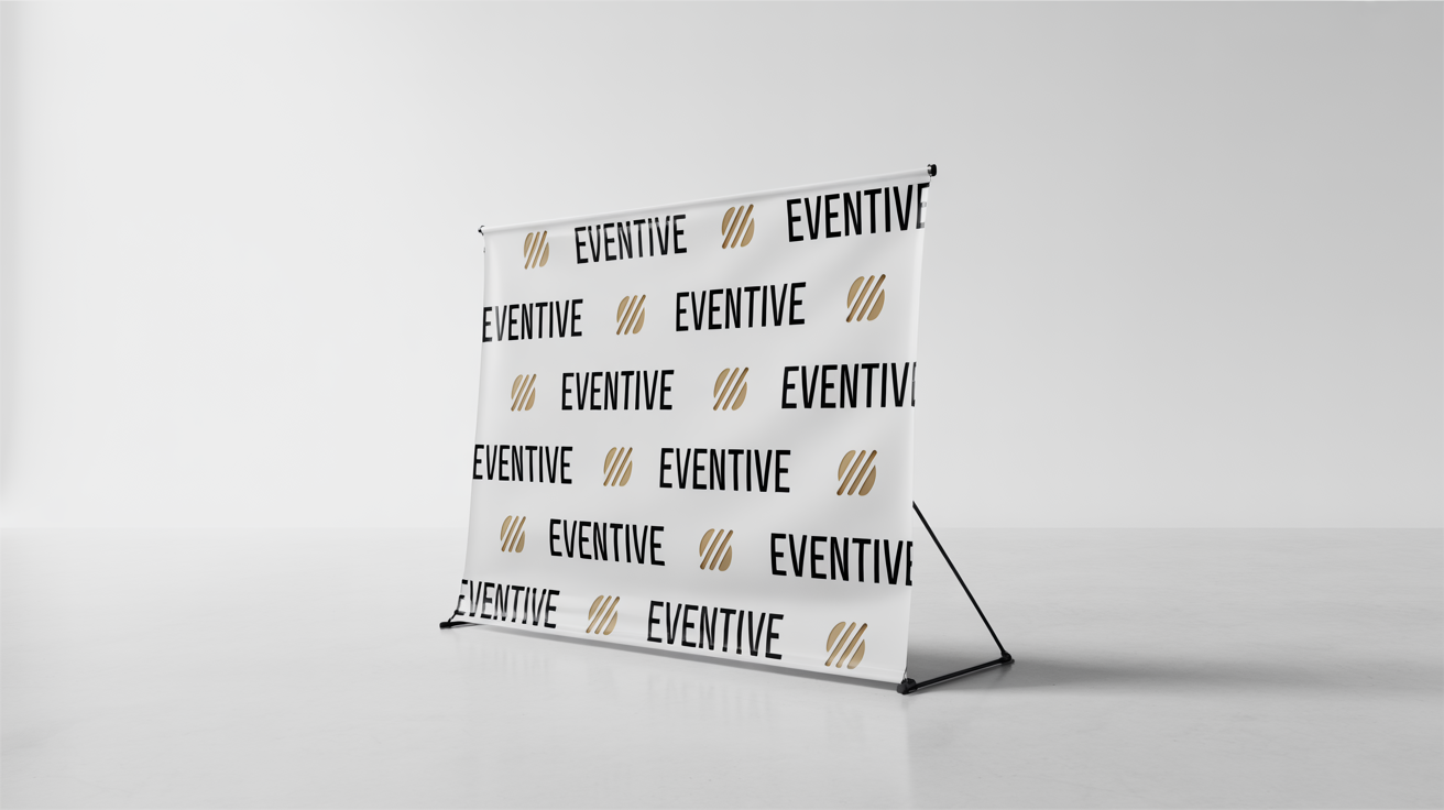 A professional step and repeat banner with a repeating pattern of a fictional 'EVENTIVE' logo and a gold icon, displayed on a stand against a plain white background.