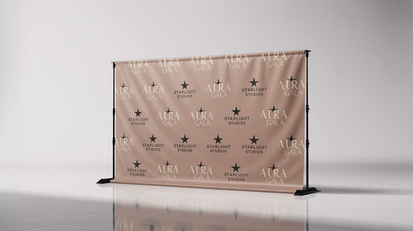 A professional mockup of a white step and repeat banner featuring repeating gold 'AURA GALA' logos and black 'STARLIGHT STUDIOS' logos, set against a clean white background.