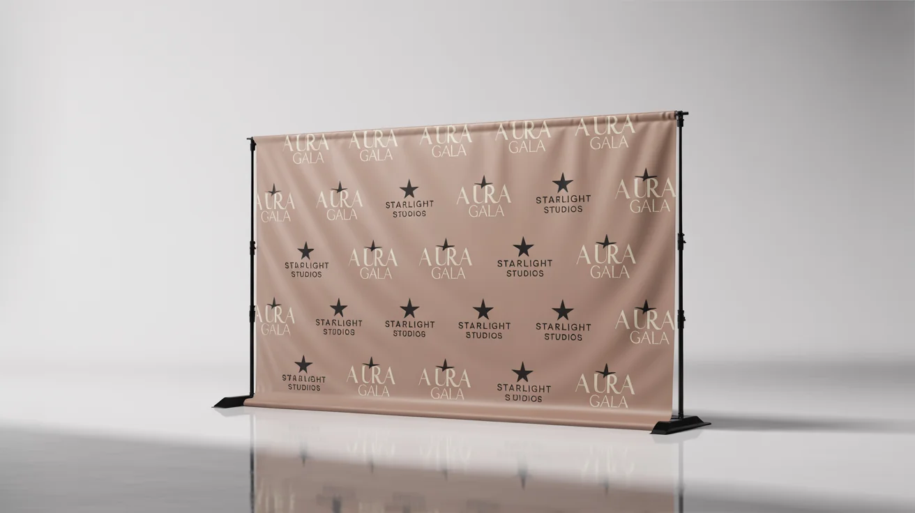 A professional mockup of a white step and repeat banner featuring repeating gold 'AURA GALA' logos and black 'STARLIGHT STUDIOS' logos, set against a clean white background.