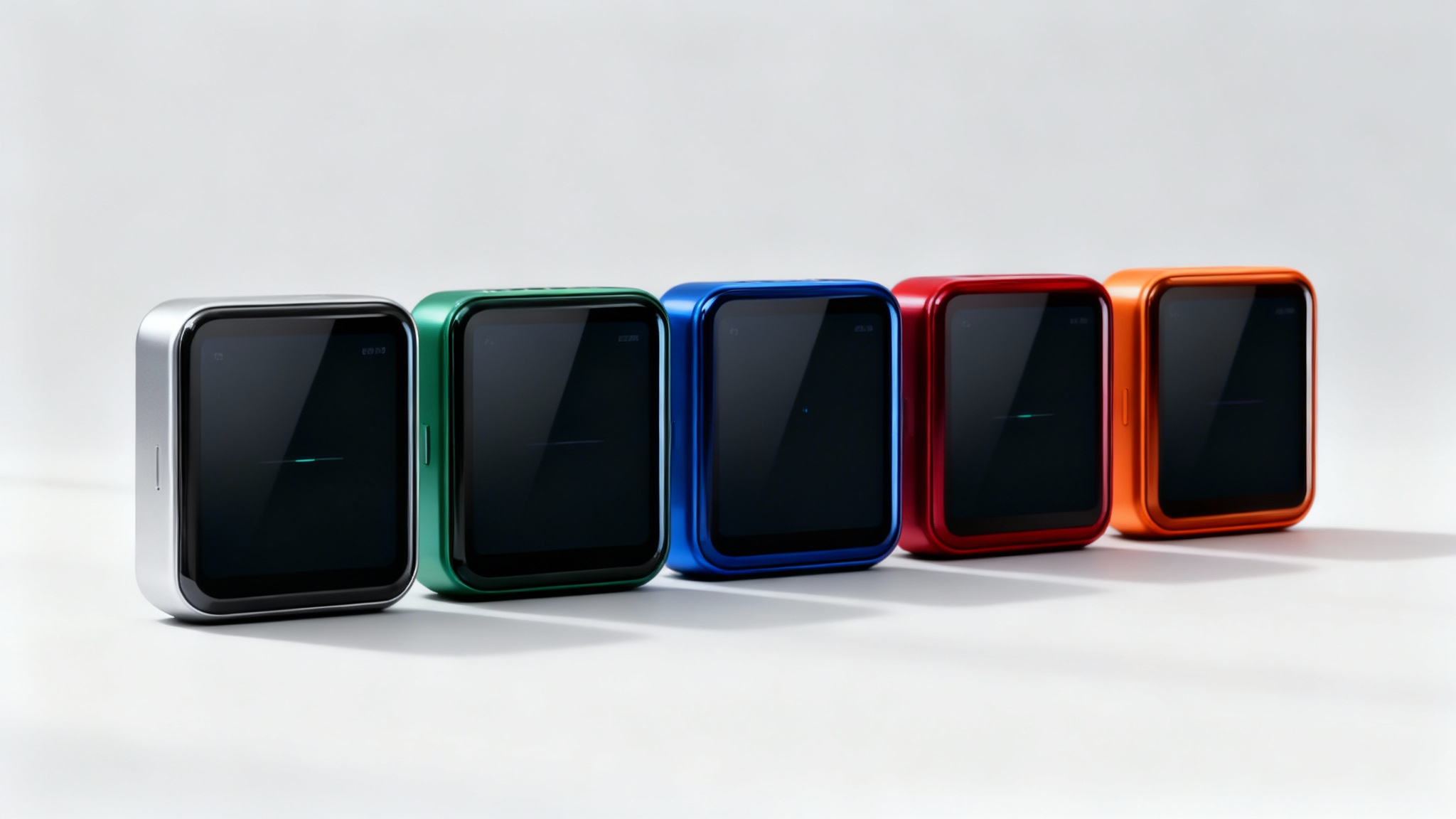 A row of five identical modern electronic devices on a light gray background, demonstrating a color-changing feature. The first device is silver, followed by identical devices in green, blue, red, and orange.