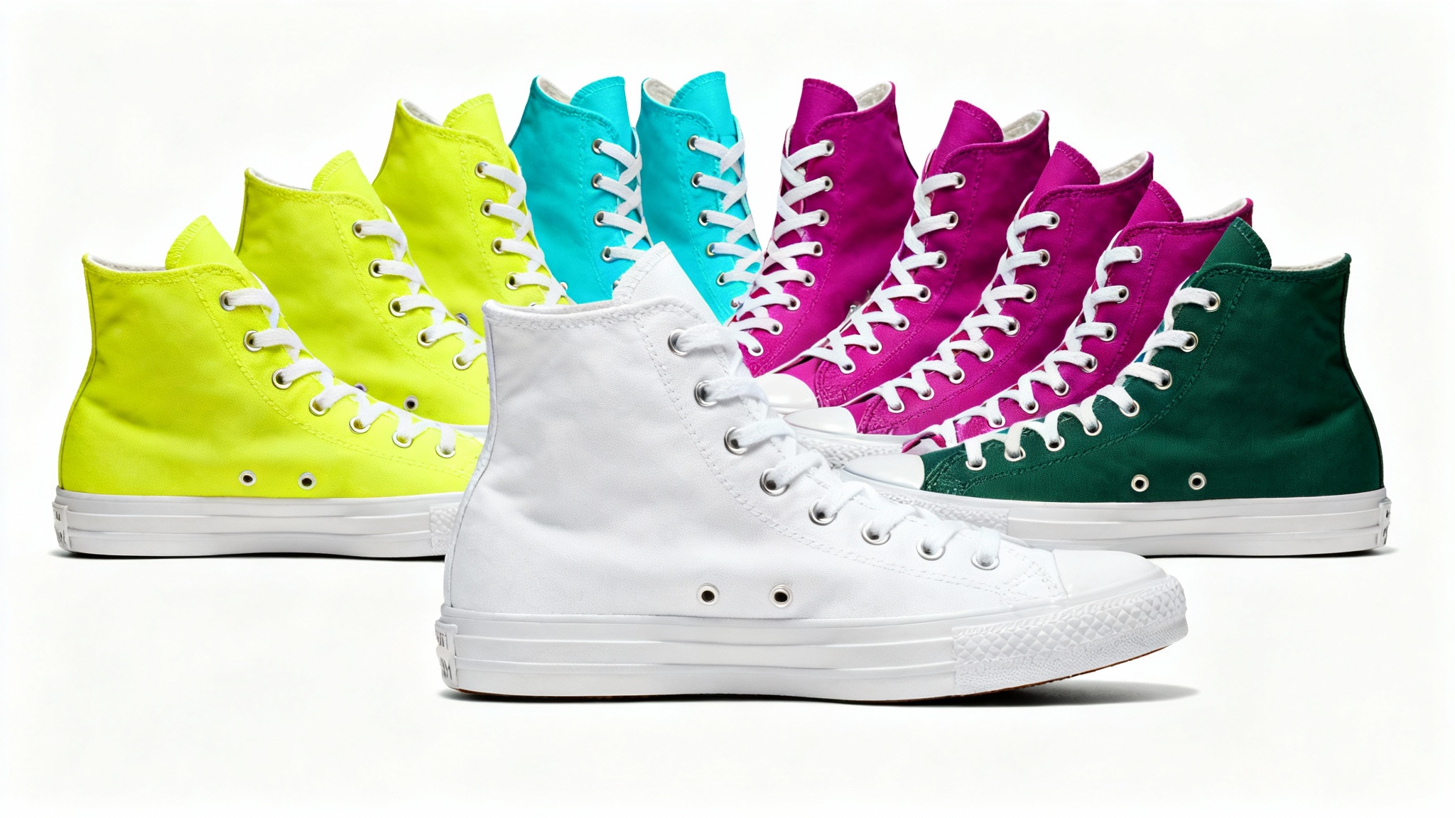 A central white high-top sneaker surrounded by identical sneakers in yellow, cyan, magenta, and green, demonstrating the product color changer feature on a white background.