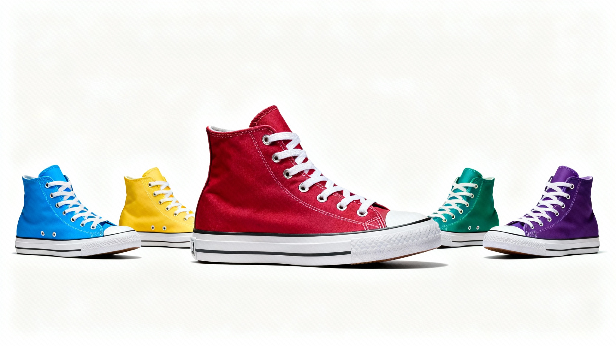 A central red high-top sneaker is surrounded by smaller versions of the same shoe in blue, yellow, green, and purple, all on a clean white background, showcasing a product color changing feature.