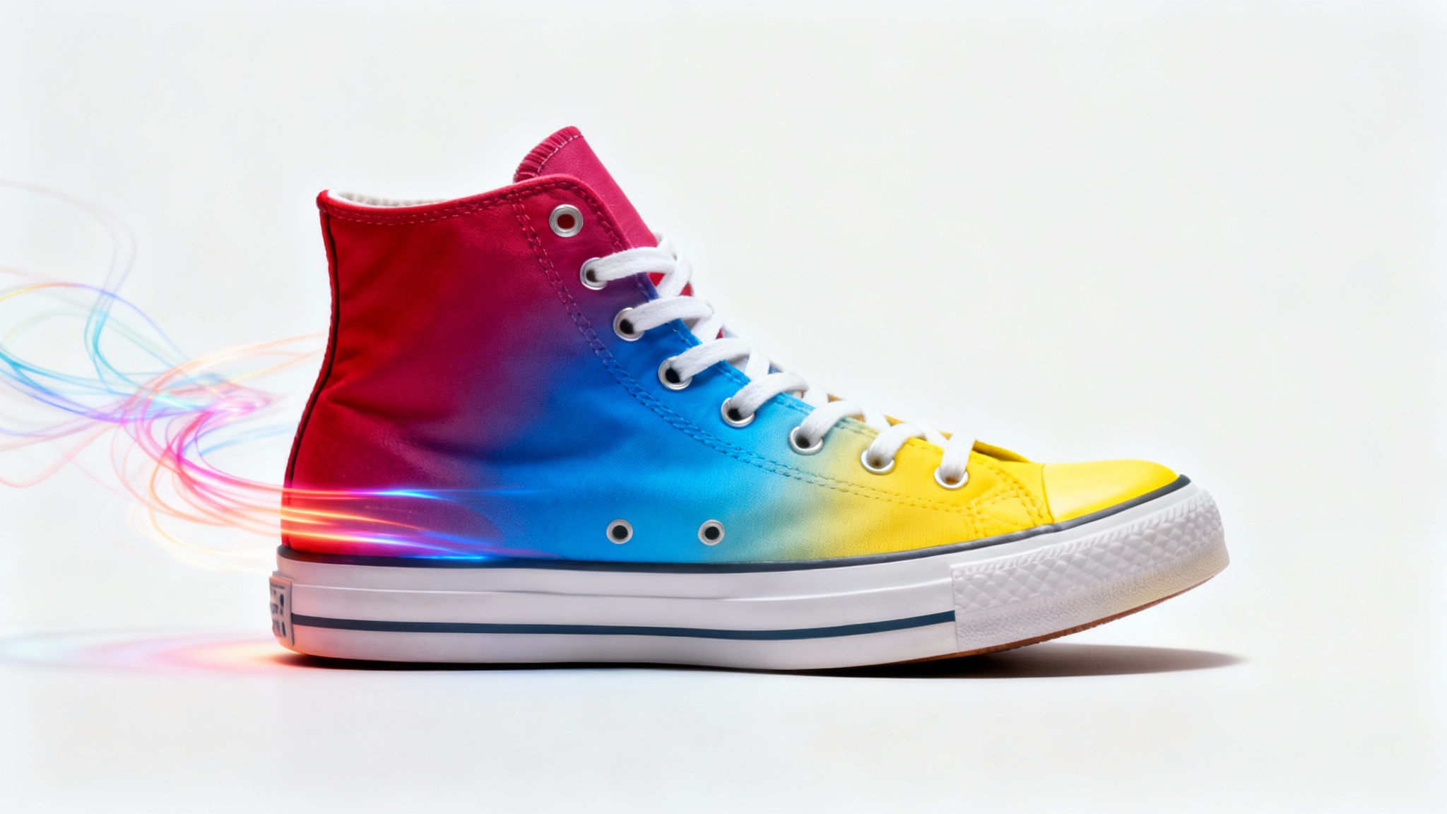 A photorealistic image of a single high-top sneaker on a white background, demonstrating a color-changing effect with a vibrant gradient from red to blue to yellow across the shoe.