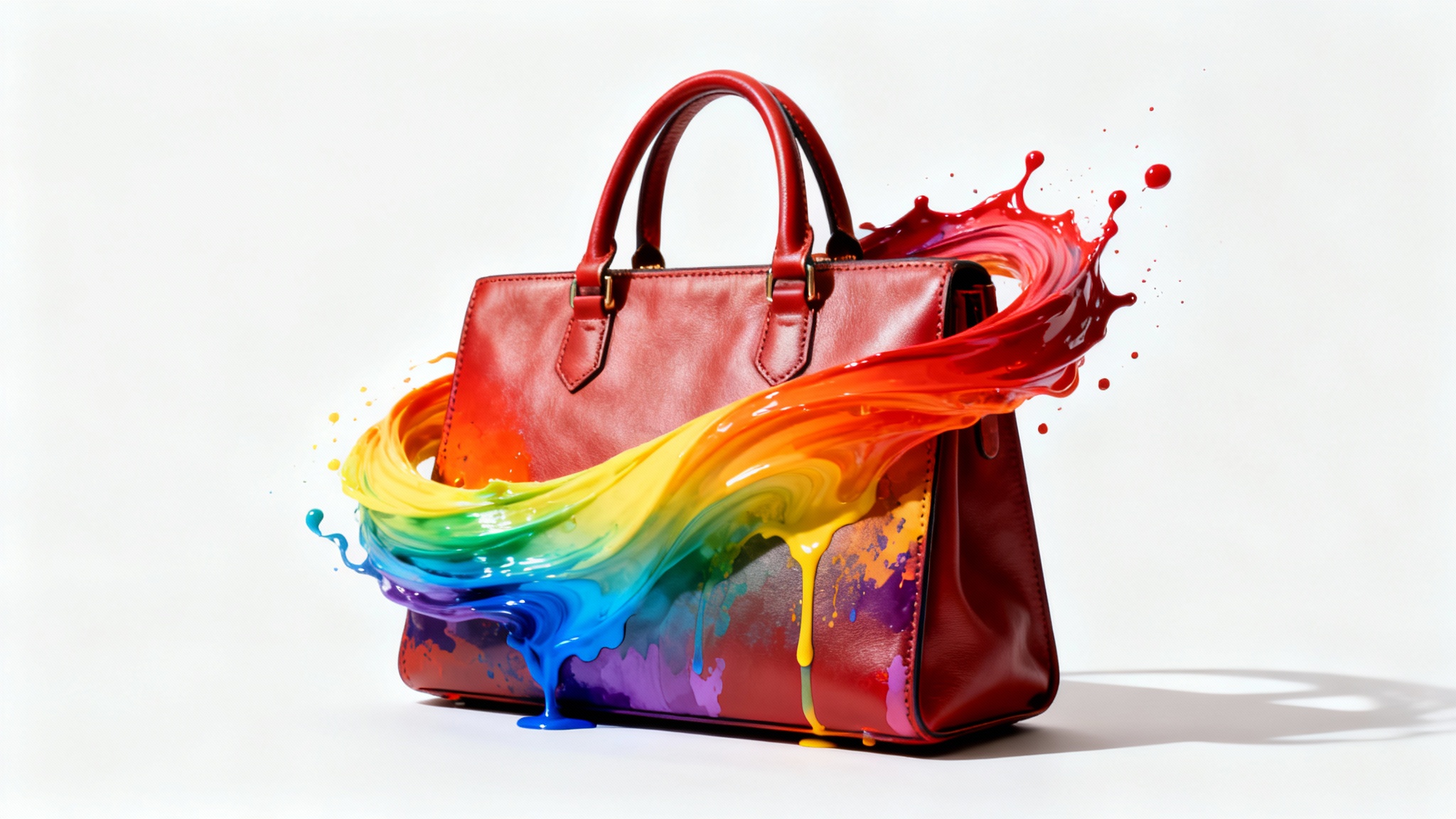 A stylish leather handbag on a white background, with a vibrant rainbow-colored swirl wrapping around it to illustrate a product color-changing capability.