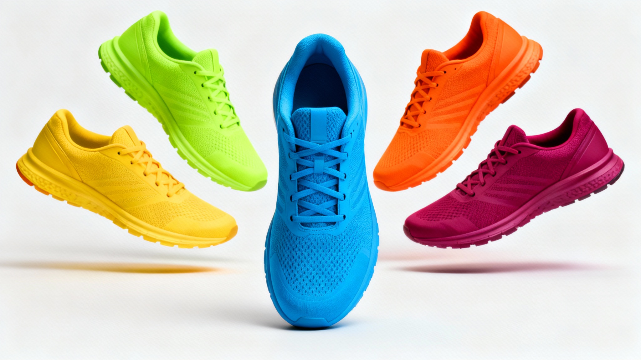 A product mockup showing a modern running shoe in five different vibrant colors, blue, green, orange, magenta, and yellow, arranged dynamically on a clean white background to showcase a product color changer.