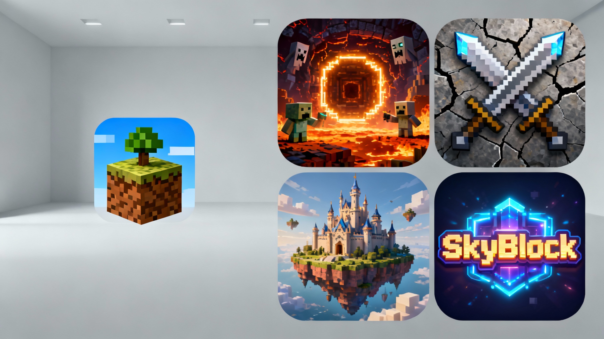 A hero image demonstrating a Minecraft server icon generator. It shows a simple, basic Minecraft icon on the left being transformed into a grid of four professional, highly detailed server icons on the right, including themes like Nether, PvP, and fantasy castles.