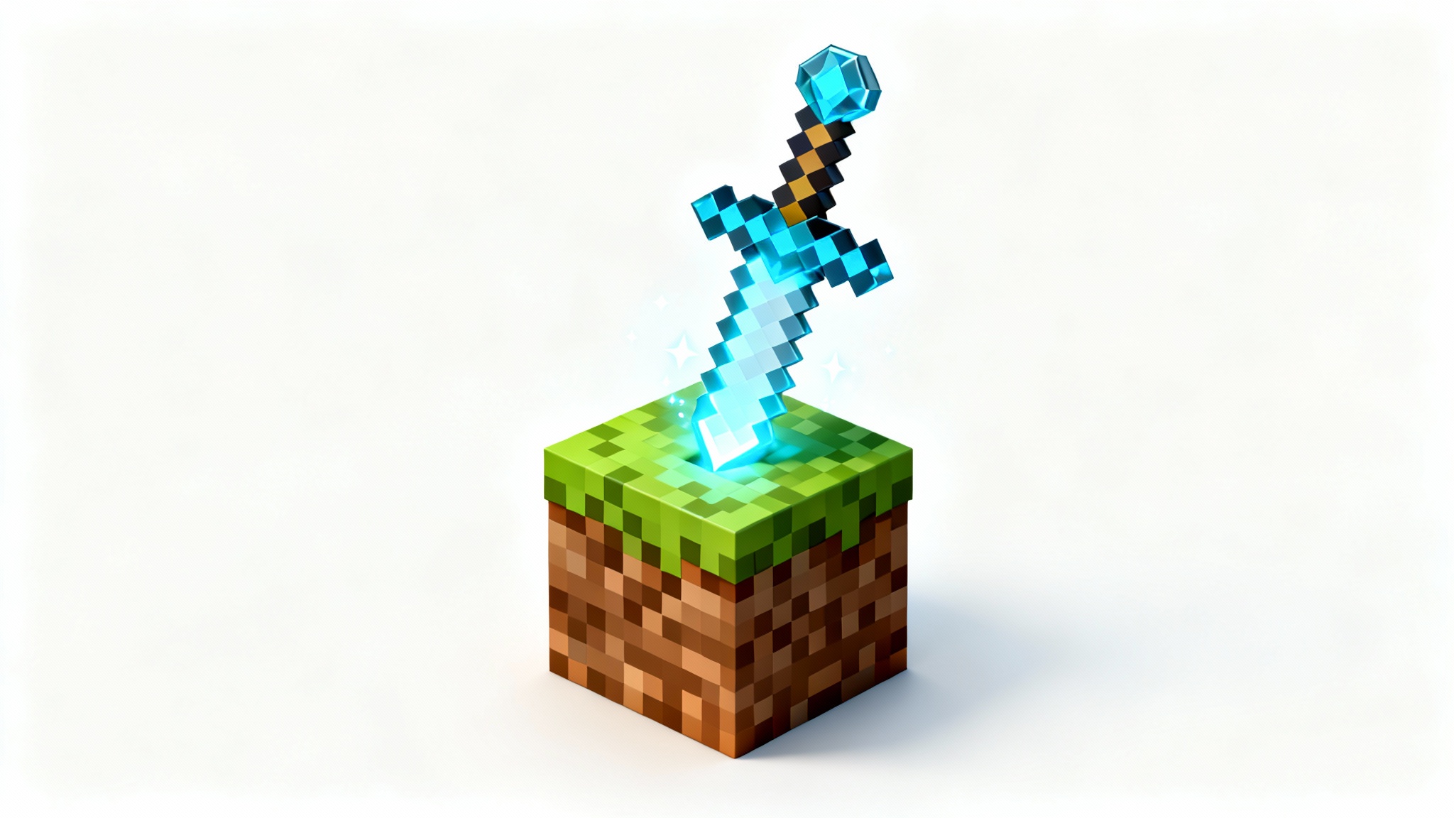 A mockup of a Minecraft server icon featuring a 3D blocky diamond sword glowing and stuck in a grass block, set against a plain white background.