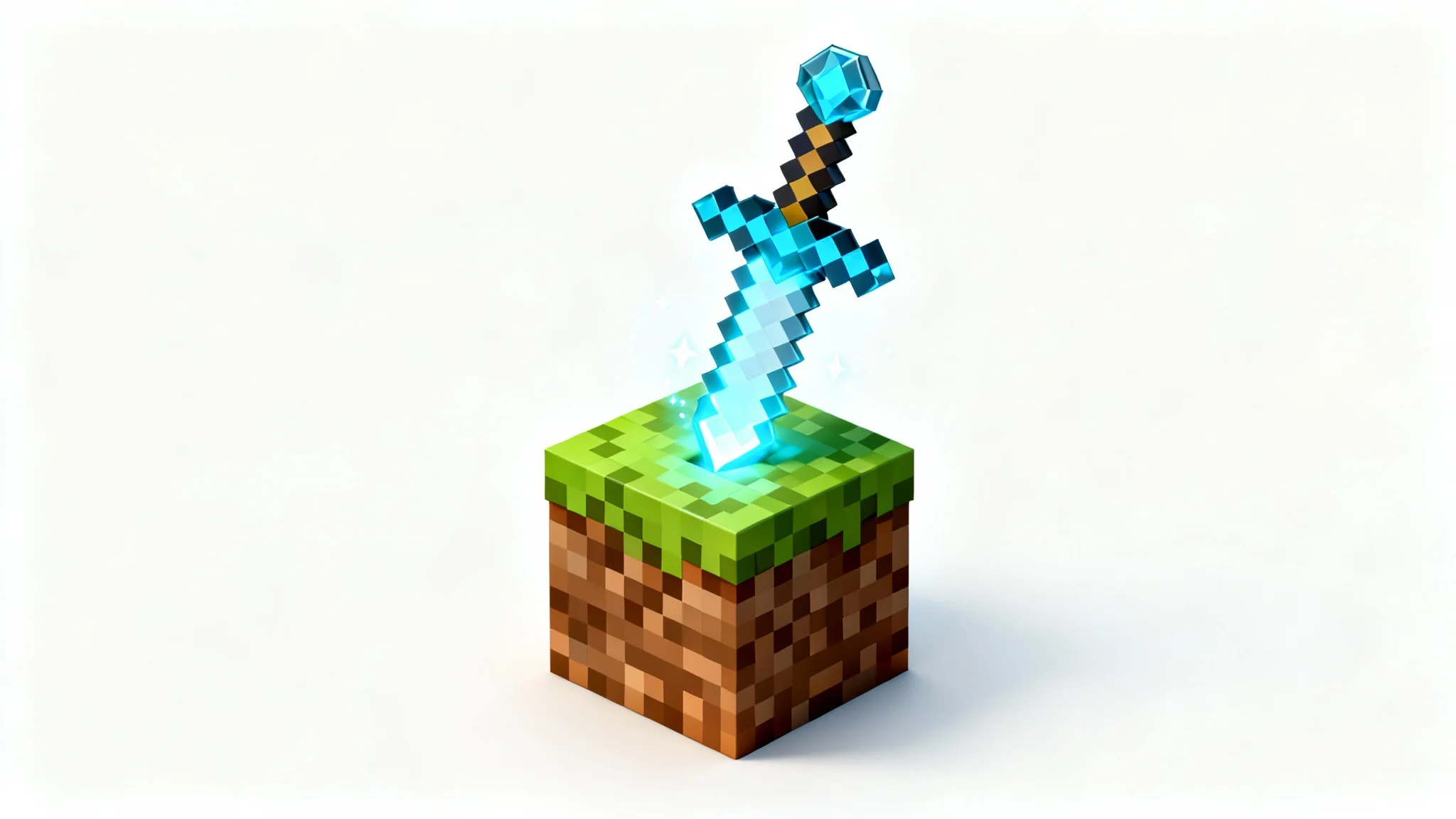 A mockup of a Minecraft server icon featuring a 3D blocky diamond sword glowing and stuck in a grass block, set against a plain white background.