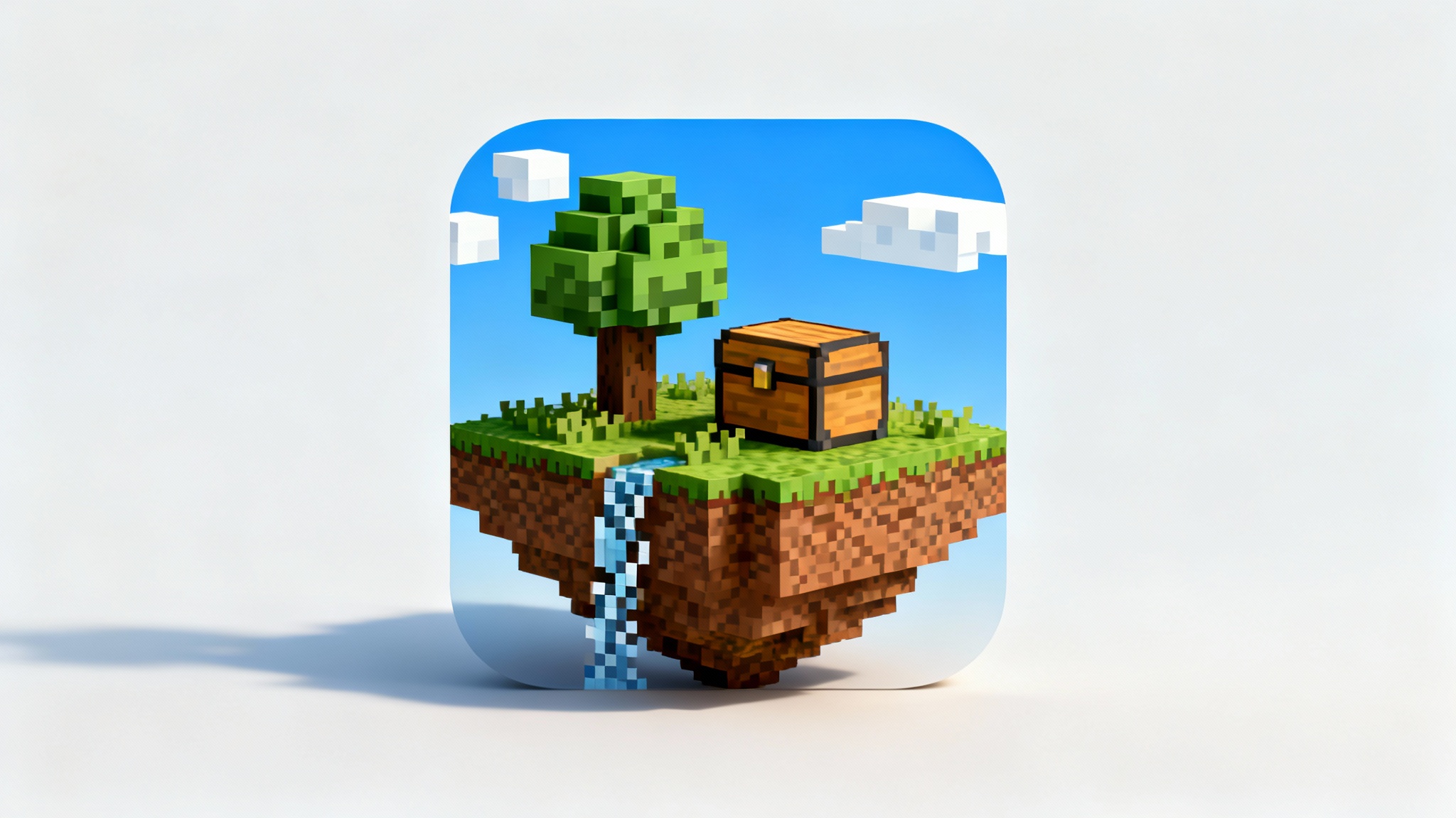 A mockup of a Minecraft server icon featuring a pixelated floating island with a tree and a treasure chest, set against a bright blue sky. The icon is displayed on a clean white background.