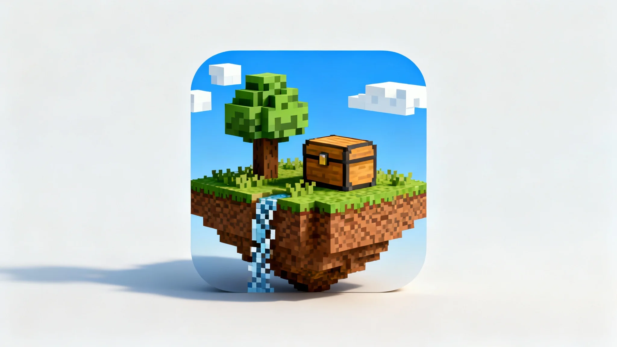 A mockup of a Minecraft server icon featuring a pixelated floating island with a tree and a treasure chest, set against a bright blue sky. The icon is displayed on a clean white background.