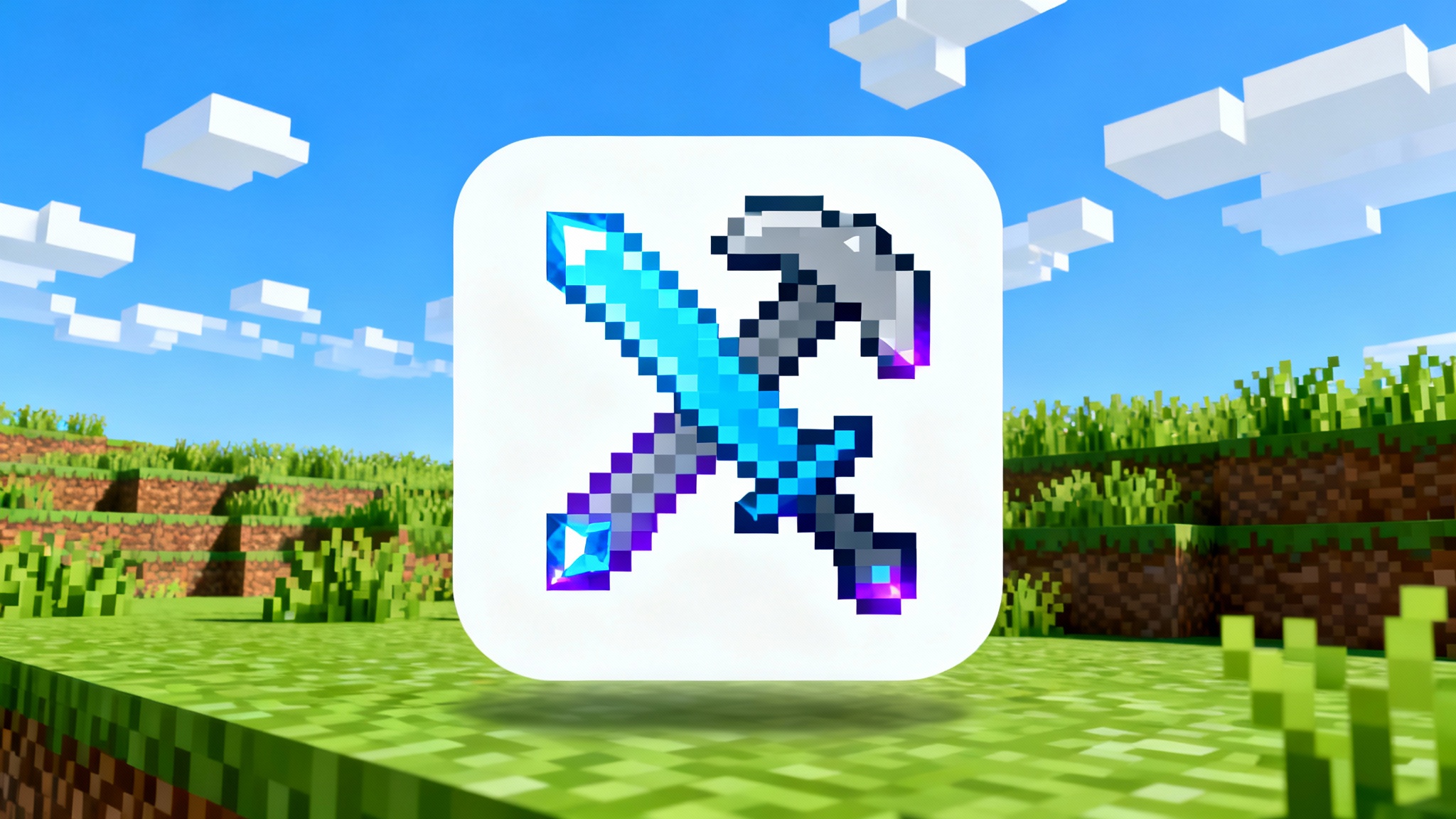 A mockup of a high-resolution Minecraft server icon showing a pixelated diamond sword and pickaxe, centered on a clean white background.