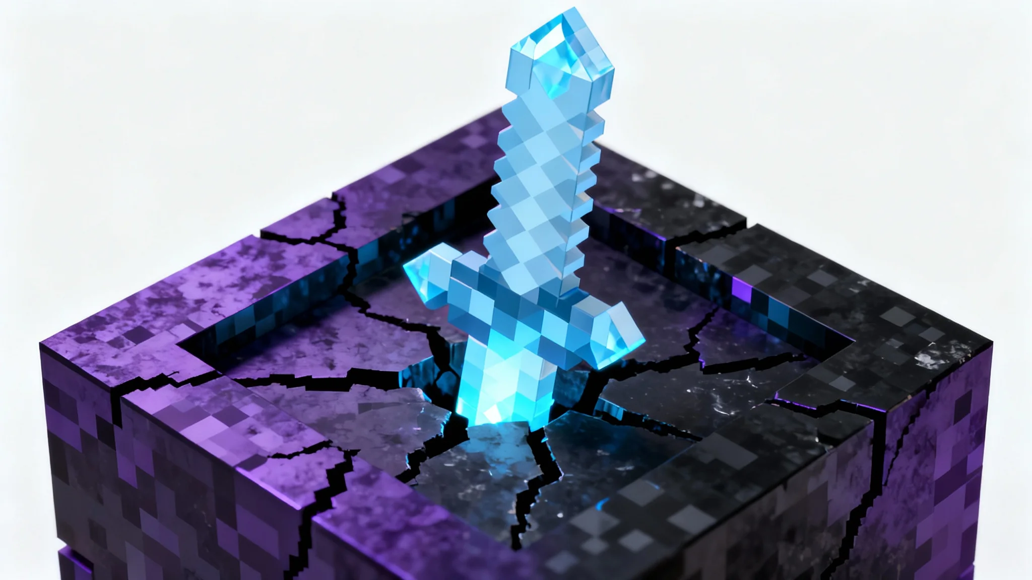 A Minecraft-style server icon showing a blocky, pixelated diamond sword stuck in a cracked obsidian block, set against a white background.