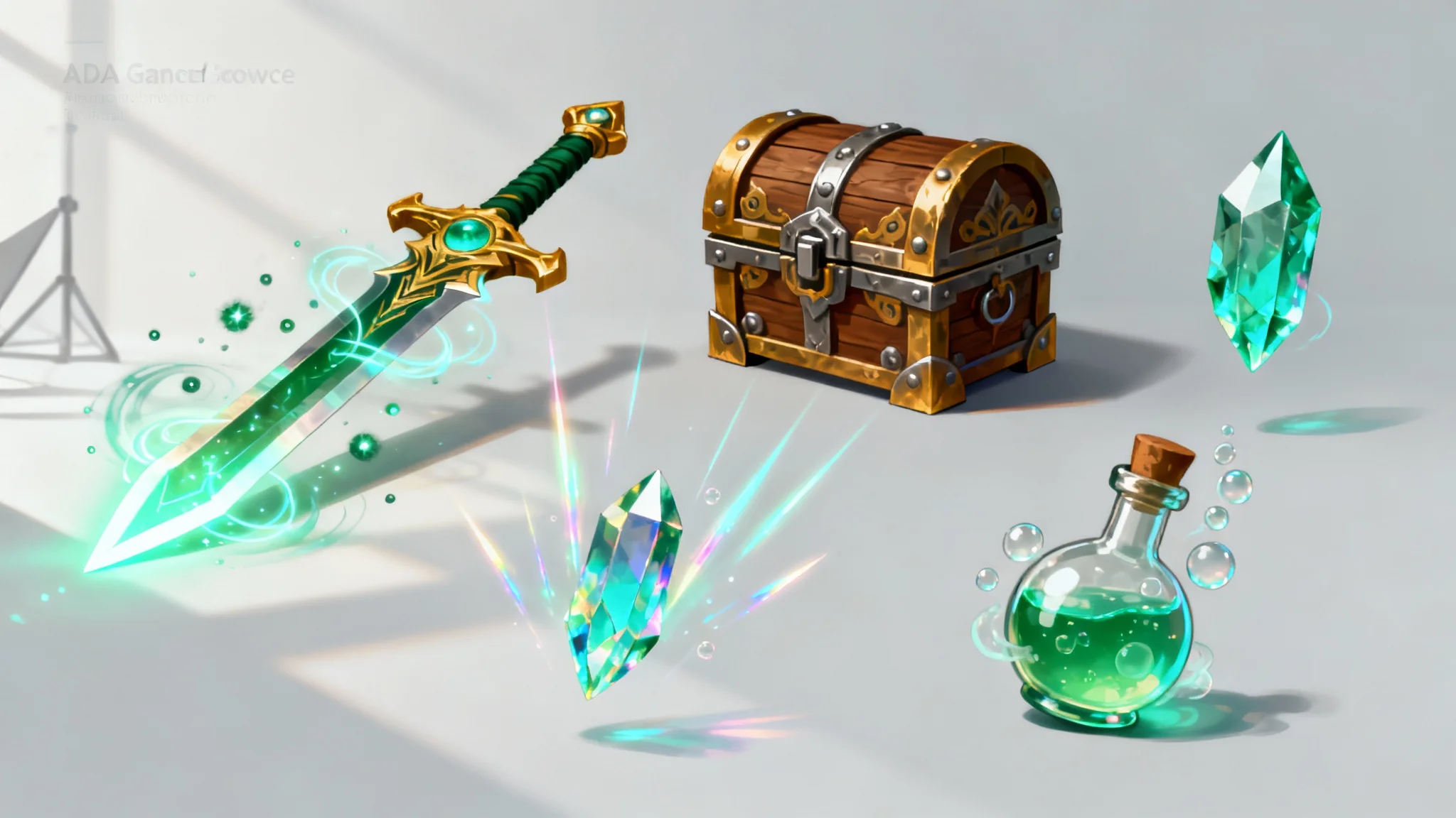 A collection of high-quality stylized video game assets, including a sword, treasure chest, and potion, arranged professionally on a light gray background as a hero image.