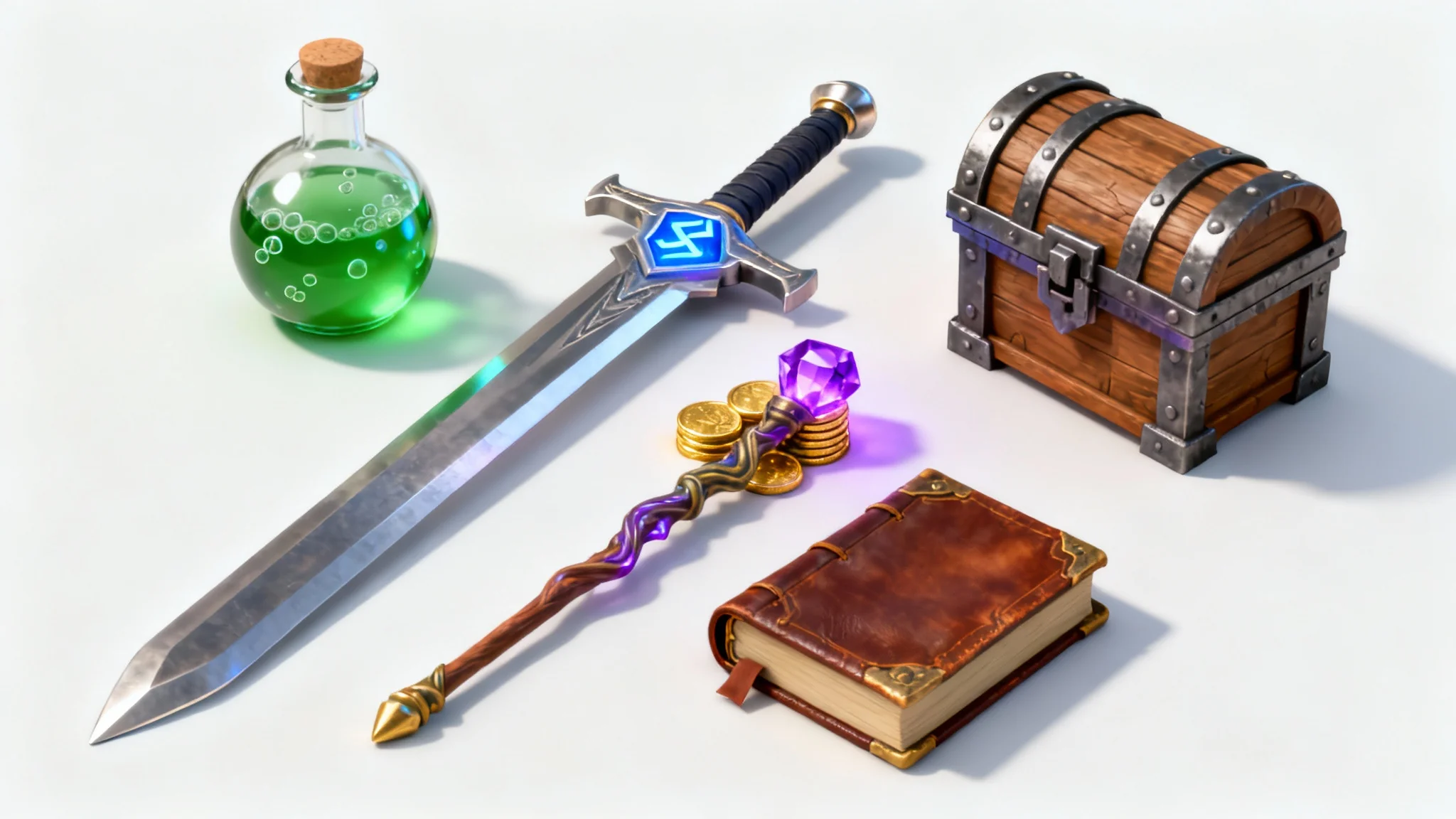 A collection of colorful 3D fantasy game assets, including a sword, potion, coins, and a treasure chest, neatly arranged on a white background.