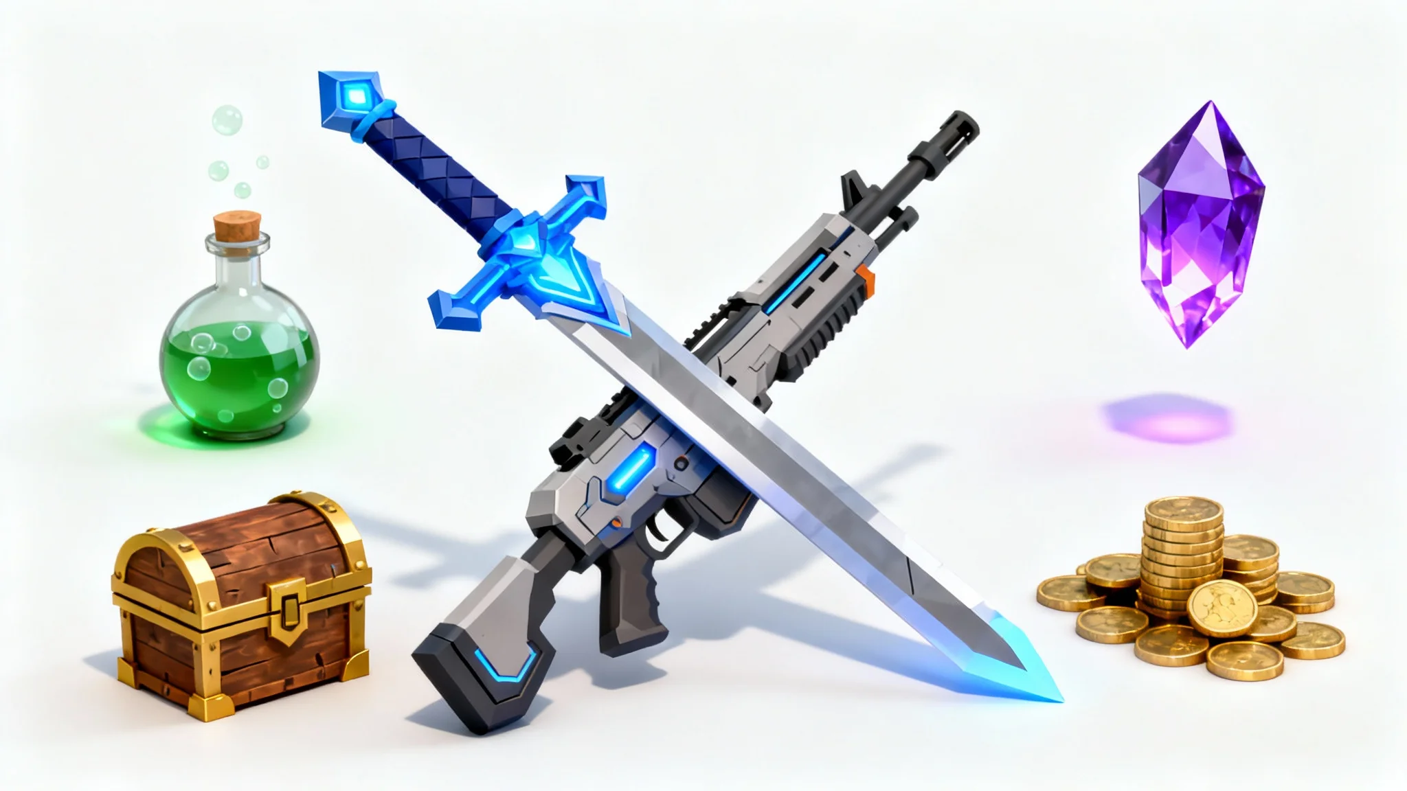 A collection of stylized 3D game assets displayed on a white background, including a sword, a sci-fi rifle, a treasure chest, a potion, and a glowing crystal.