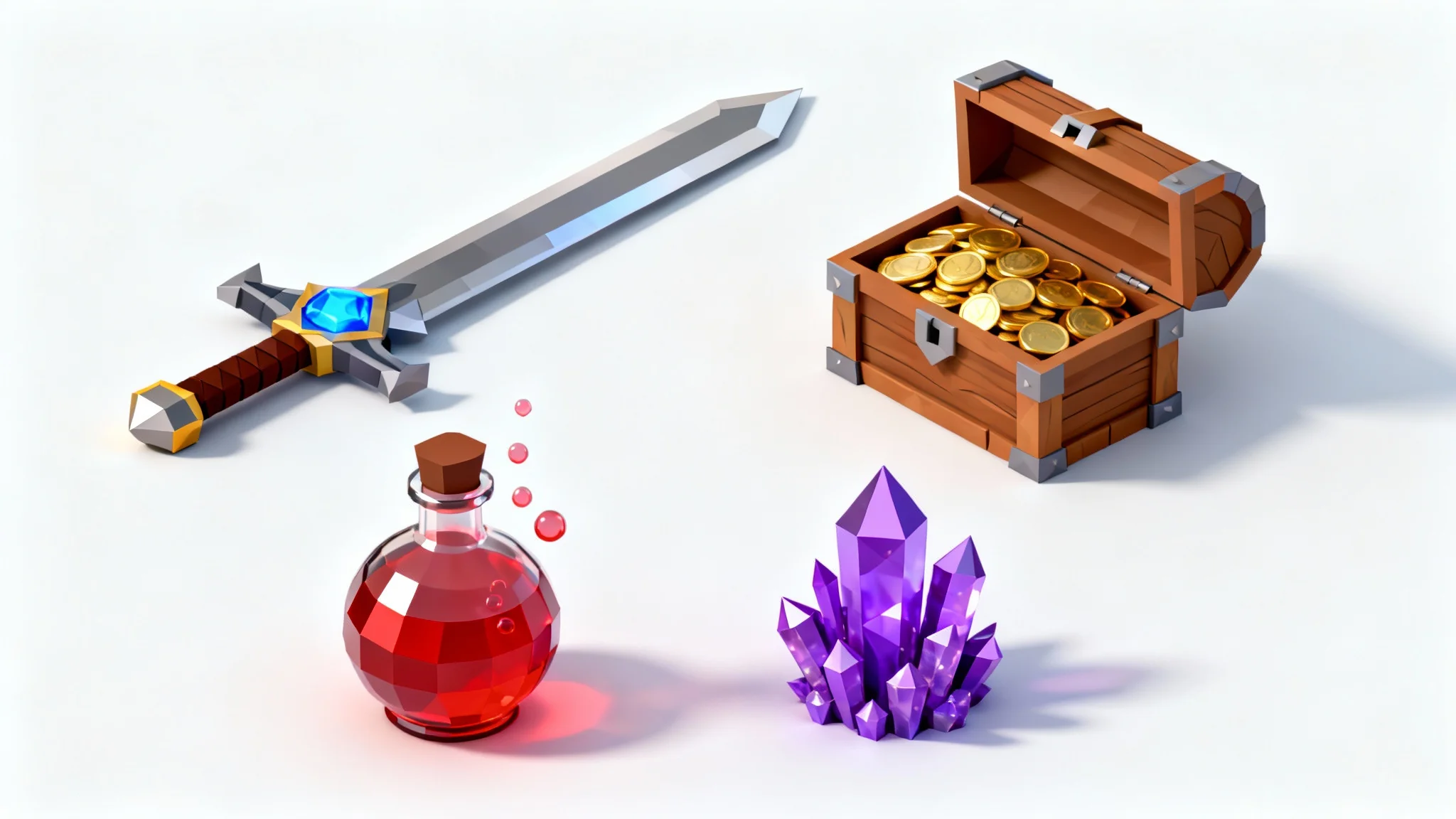 A collection of stylized 3D low-poly game assets, including a sword, treasure chest, potion, and crystals, displayed on a white background.