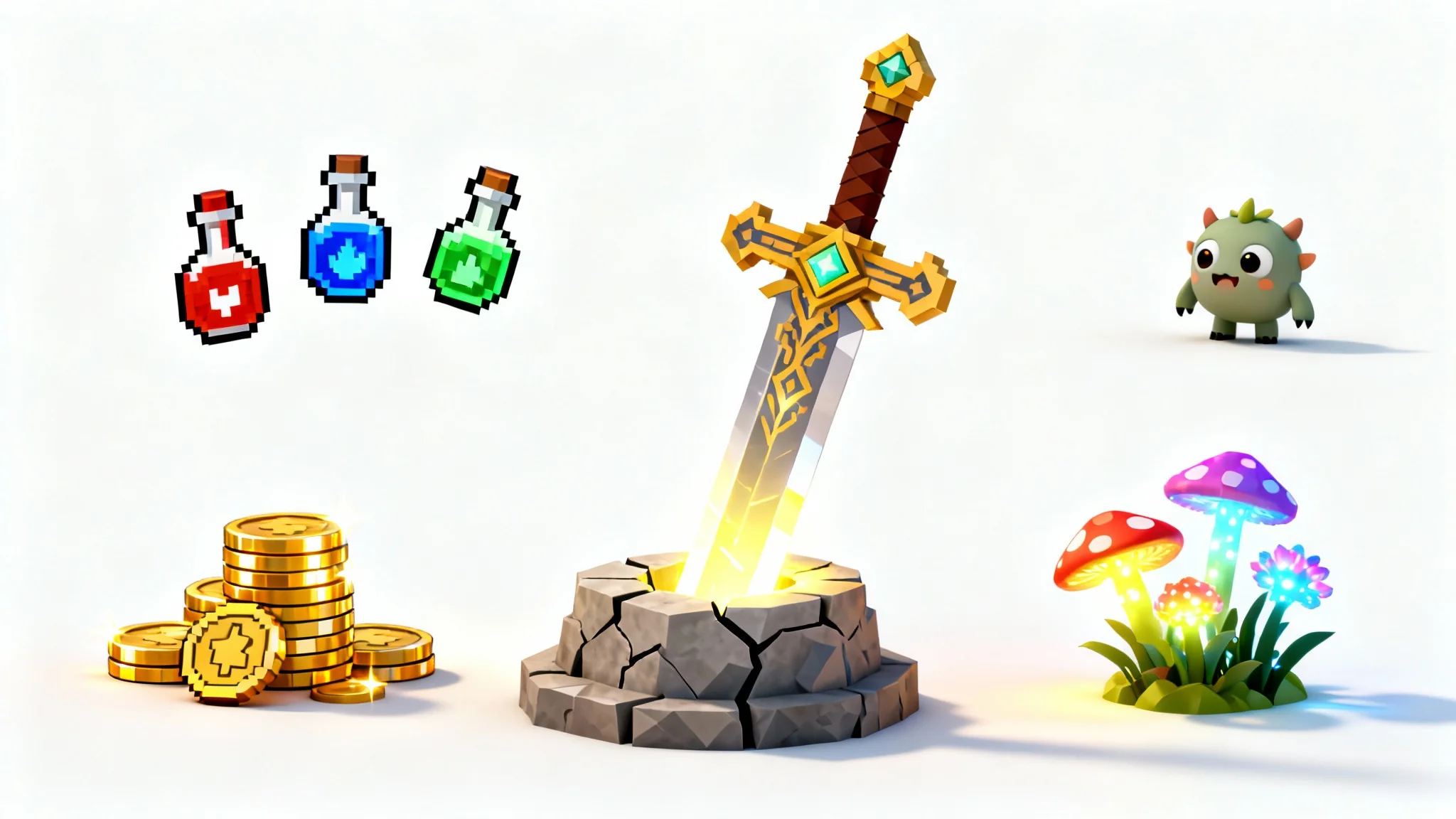 A collection of various video game assets on a white background, featuring a magical sword in a stone, potion bottles, gold coins, and a small monster character, representing game asset creation.