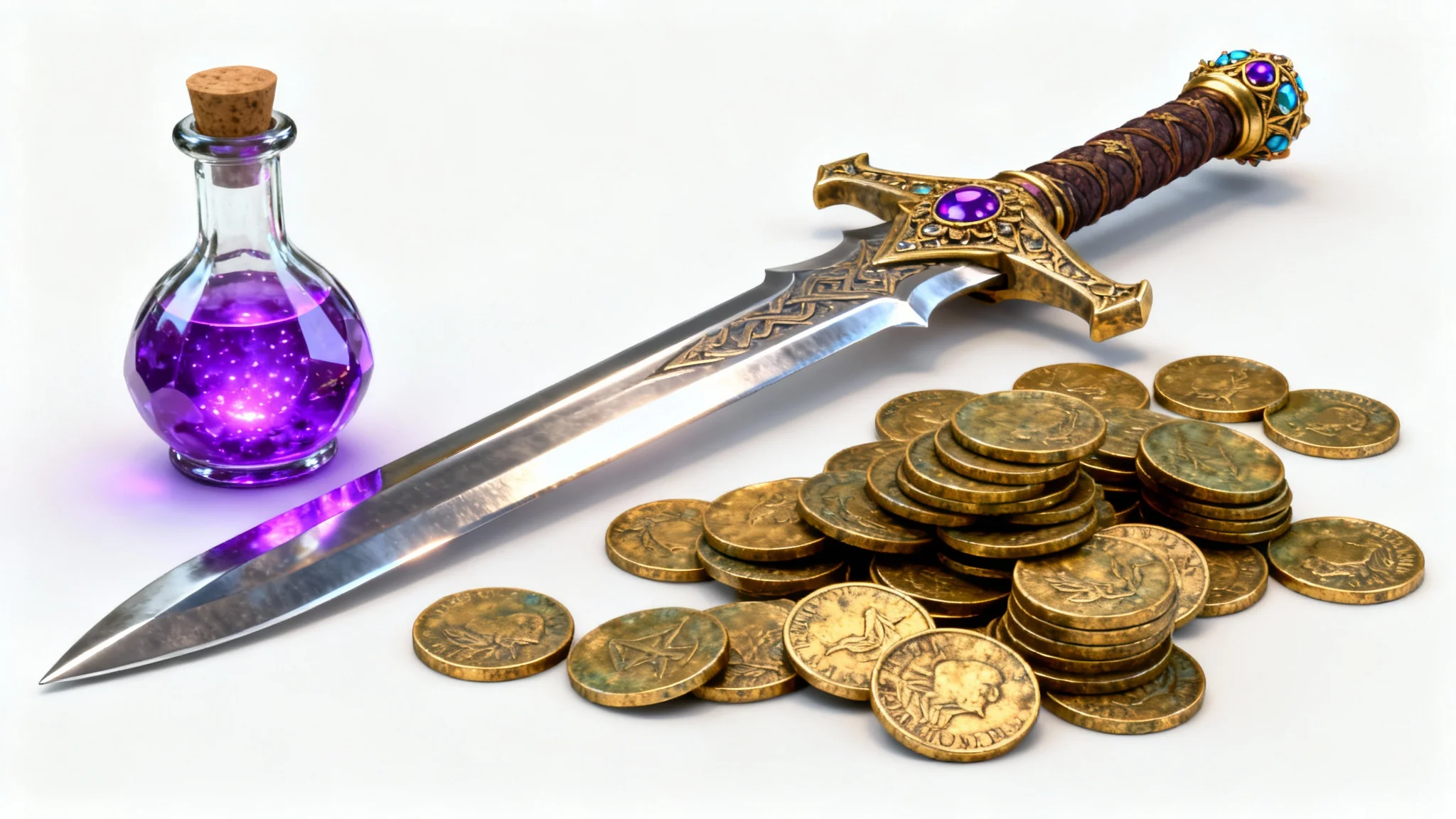 A collection of 3D rendered game assets, including a sword, a potion bottle, and gold coins, displayed on a clean white background.