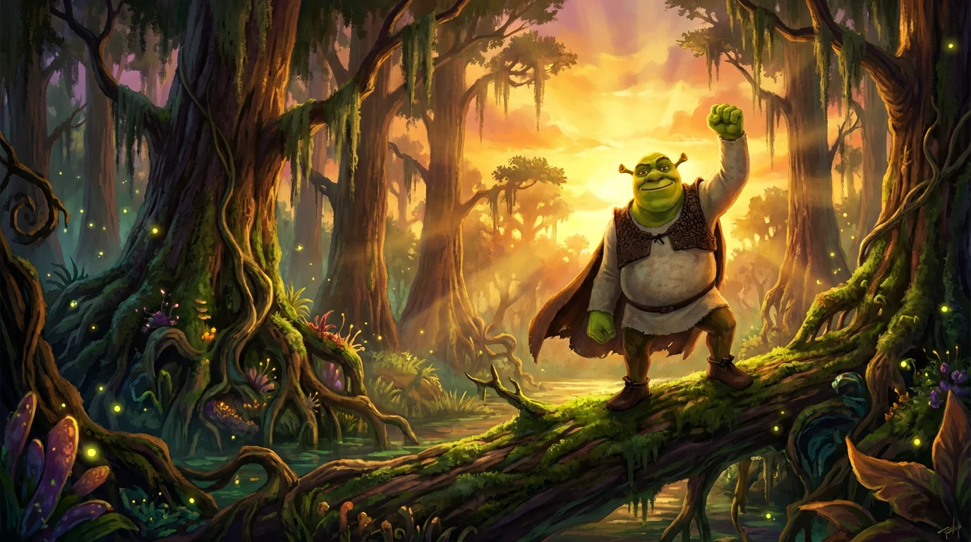 A high-quality, cinematic digital painting of Shrek posing heroically in his swamp at sunset, created as an example of fan art.
