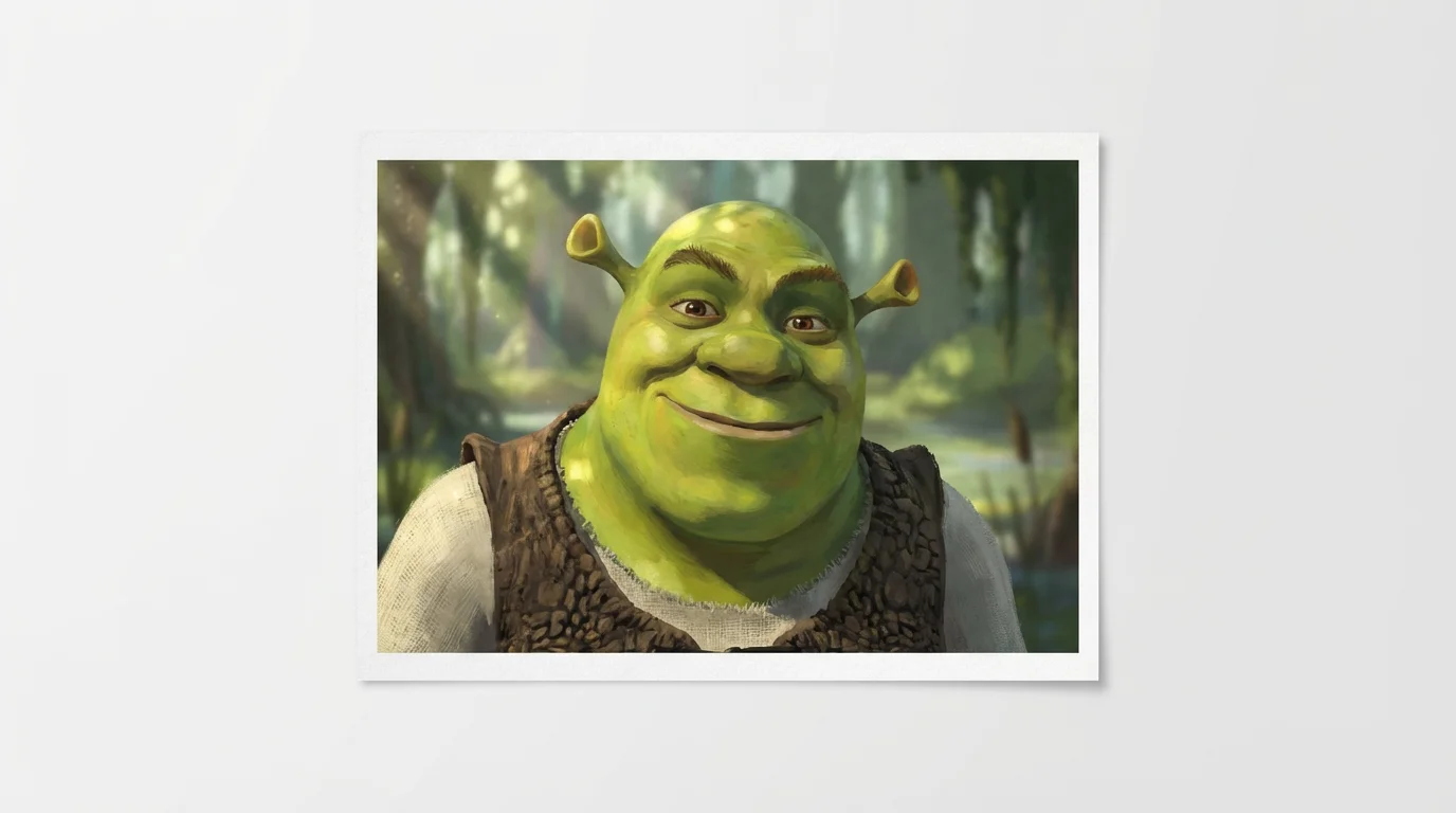 A digital painting of Shrek smiling in a painterly fan art style, set against a white background.