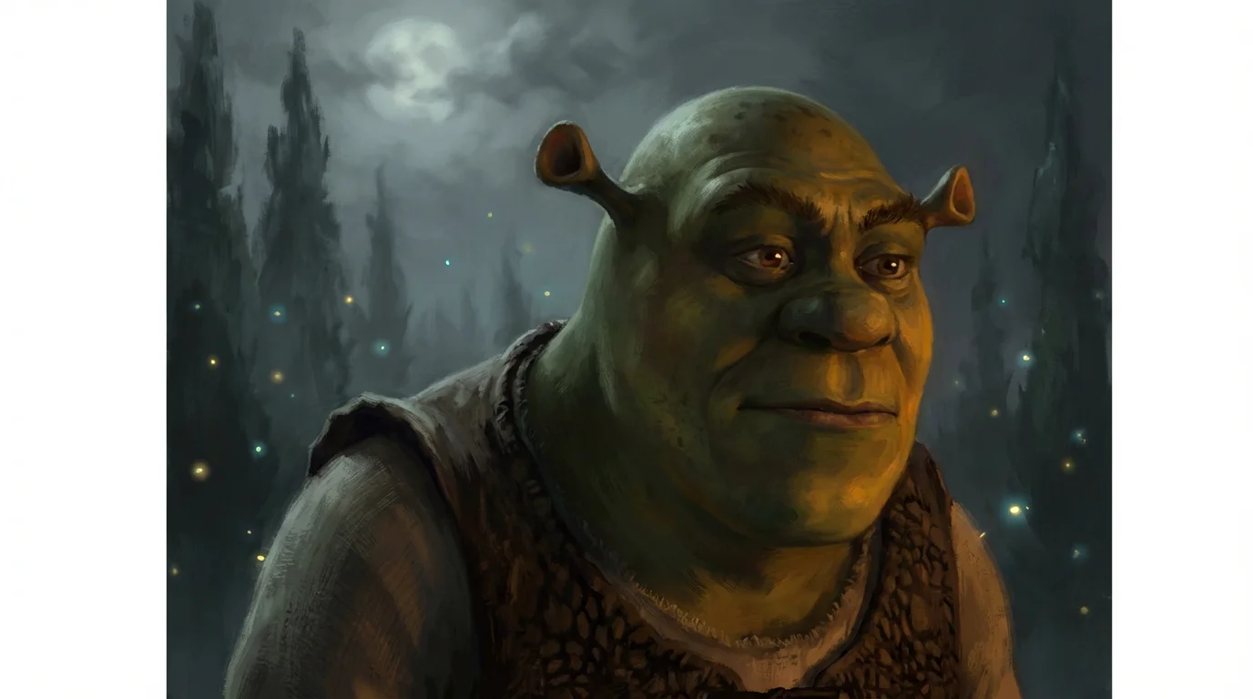 A highly detailed and dramatic digital painting of Shrek, shown in a moody portrait with strong side lighting, set against a white background.