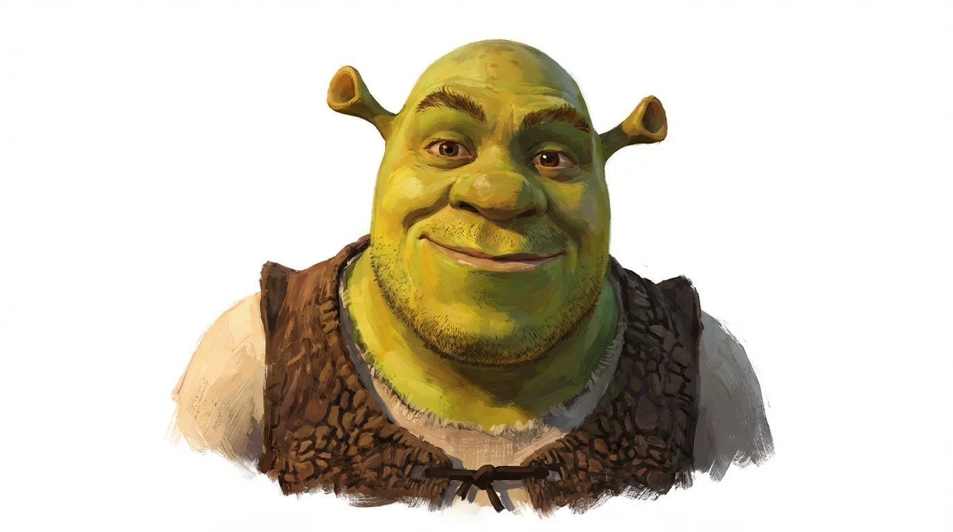 A painterly digital fan art illustration of Shrek from the chest up, smiling warmly against a plain white background.