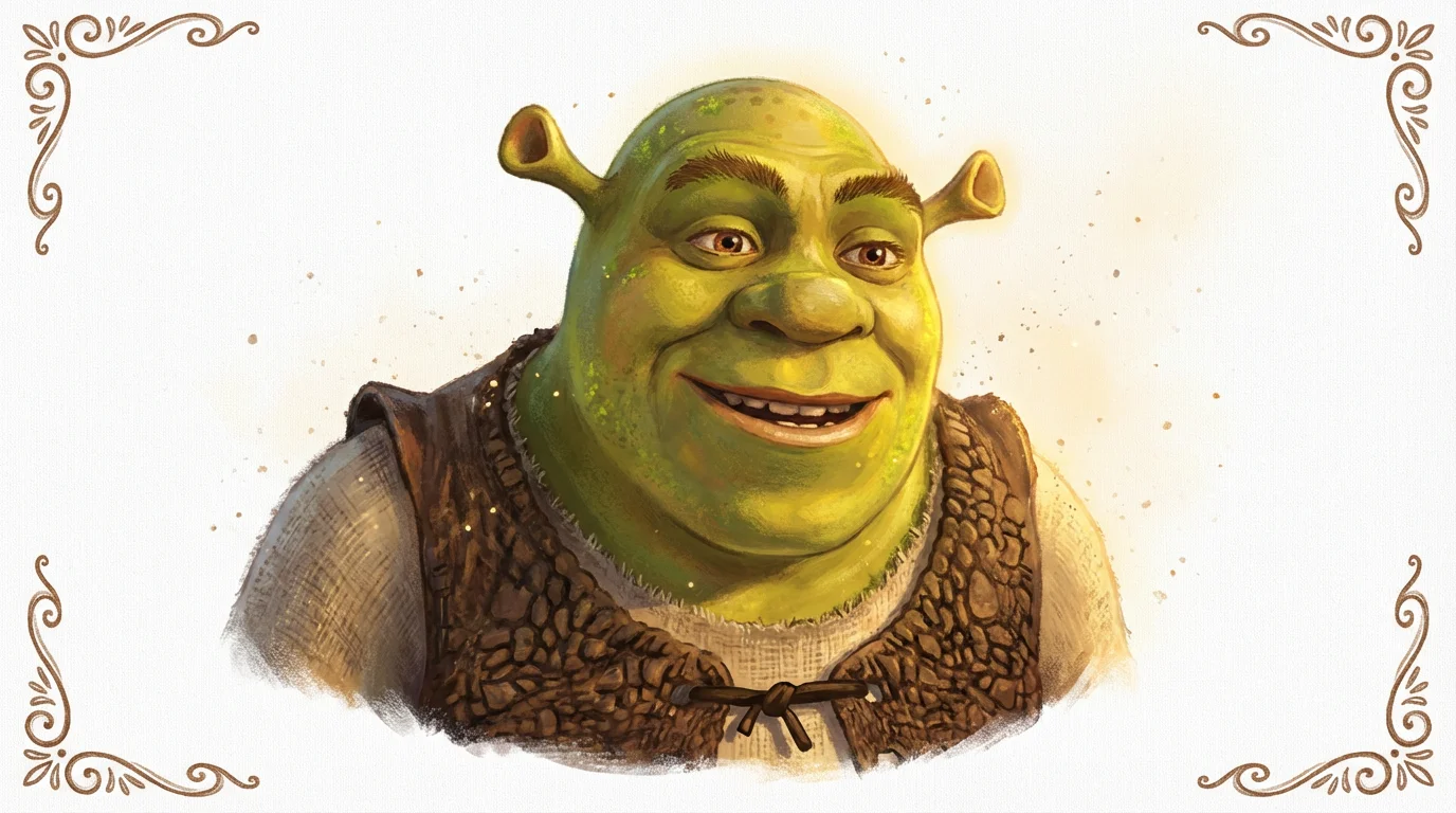 A charming and highly detailed digital painting of Shrek smiling warmly against a clean white background, created in a whimsical storybook art style.