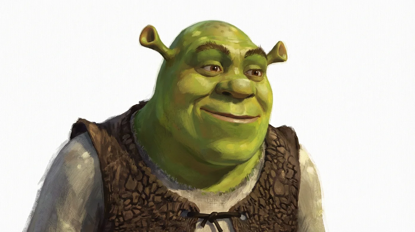 A stylized digital painting of Shrek from the chest up, smiling warmly against a plain white background. The art has a textured, painterly quality.