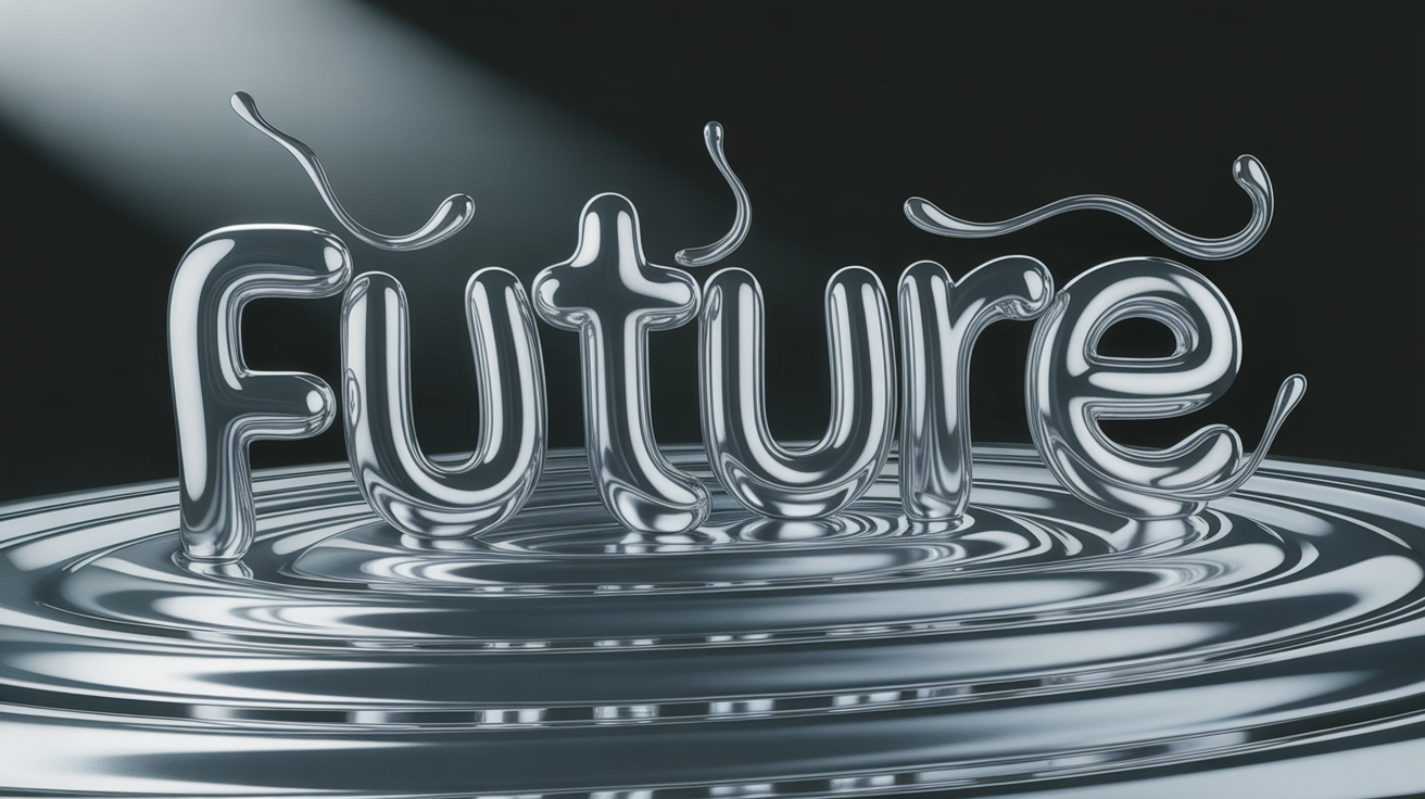 The word "FUTURE" is shown in a hyper-realistic liquid metal effect, with gleaming chrome letters that appear to be melting and reforming against a dark, clean background.