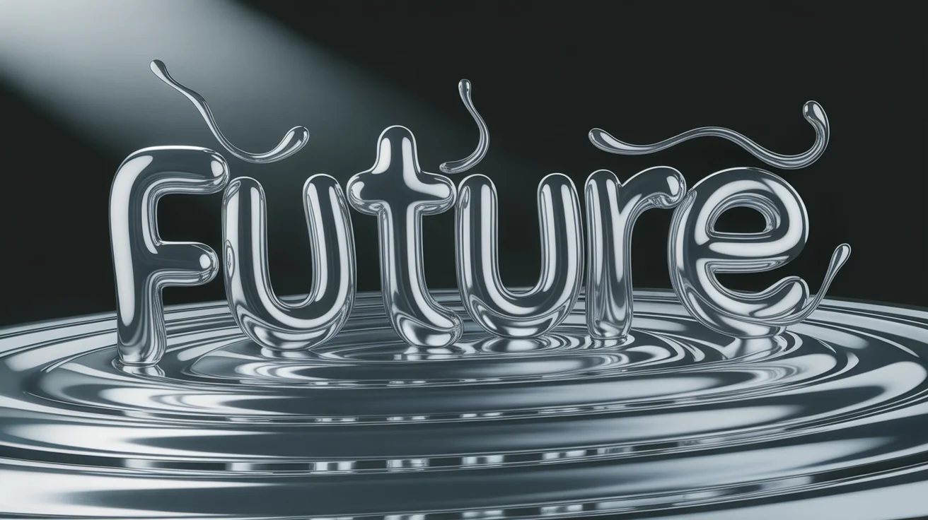The word "FUTURE" is shown in a hyper-realistic liquid metal effect, with gleaming chrome letters that appear to be melting and reforming against a dark, clean background.