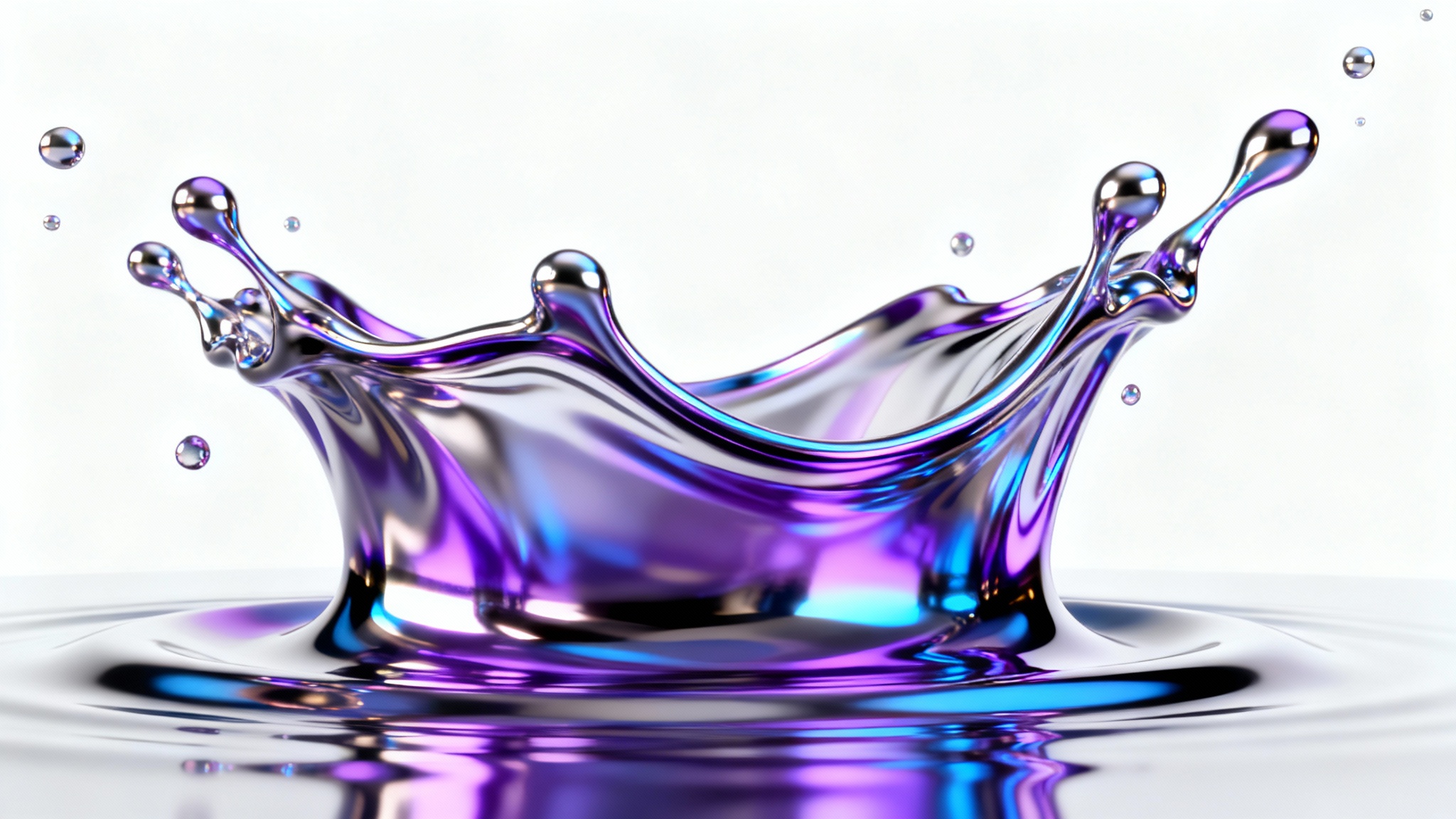 An abstract, dynamic splash of iridescent liquid metal, appearing frozen in time against a clean white background, showcasing a realistic liquid metal effect.