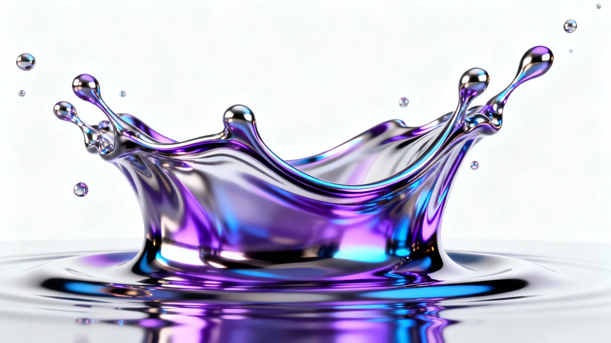 An abstract, dynamic splash of iridescent liquid metal, appearing frozen in time against a clean white background, showcasing a realistic liquid metal effect.