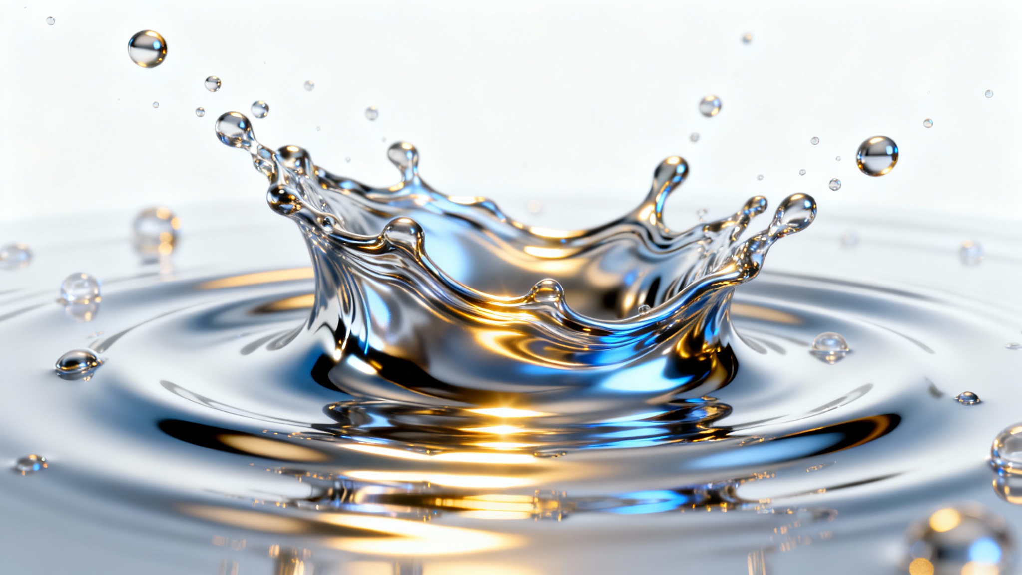 A hyper-realistic 3D rendering of a splash of liquid chrome metal, suspended mid-air against a stark white background, highlighting its smooth, reflective surface and dynamic shape.