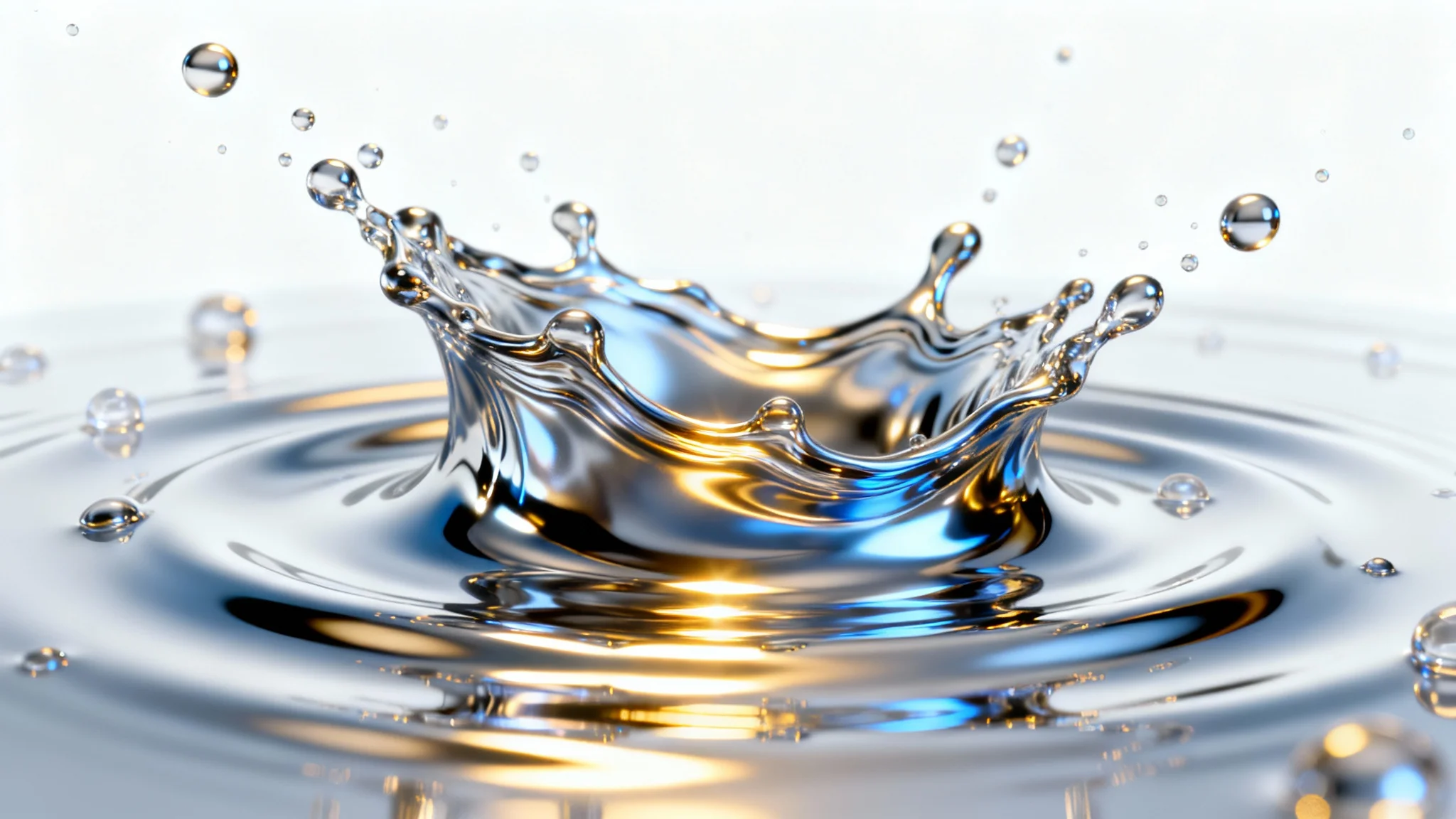 A hyper-realistic 3D rendering of a splash of liquid chrome metal, suspended mid-air against a stark white background, highlighting its smooth, reflective surface and dynamic shape.