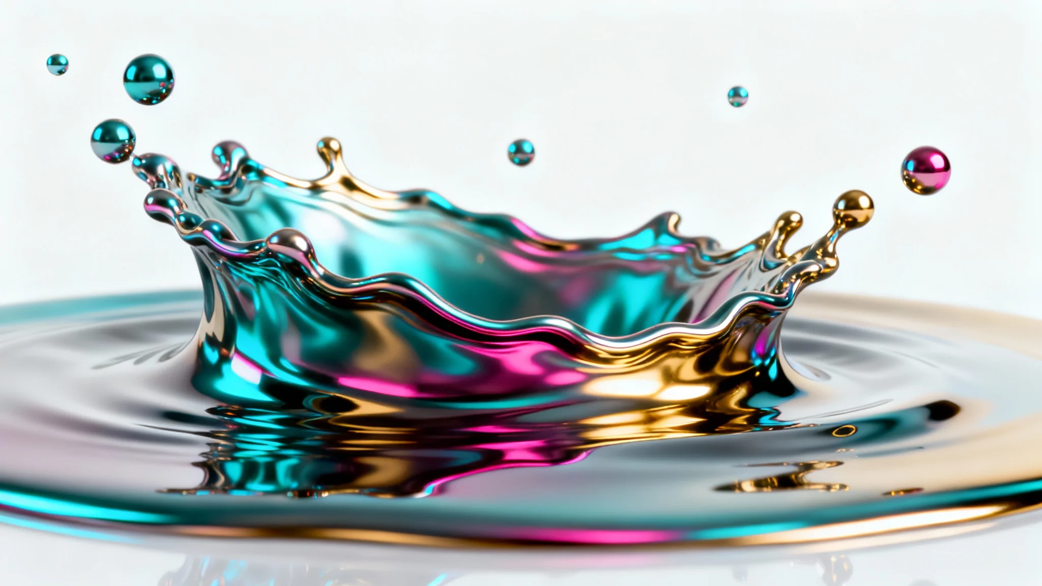 A photorealistic splash of liquid chrome metal, frozen in motion against a plain white background, with iridescent reflections on its smooth surface.