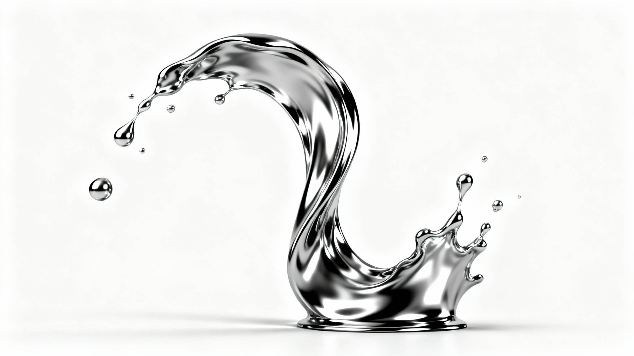 A photorealistic mockup of a sculpture made of liquid chrome, captured in a dynamic splash against a stark white background to demonstrate the liquid metal effect.