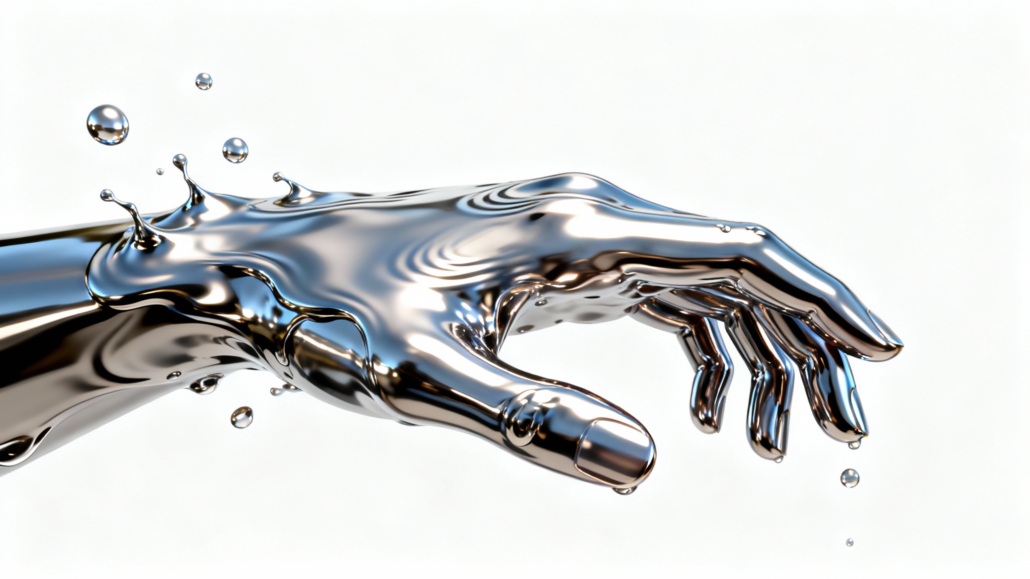 A photorealistic image of a human hand made of shimmering liquid chrome, with small droplets splashing off of it, set against a stark white background.