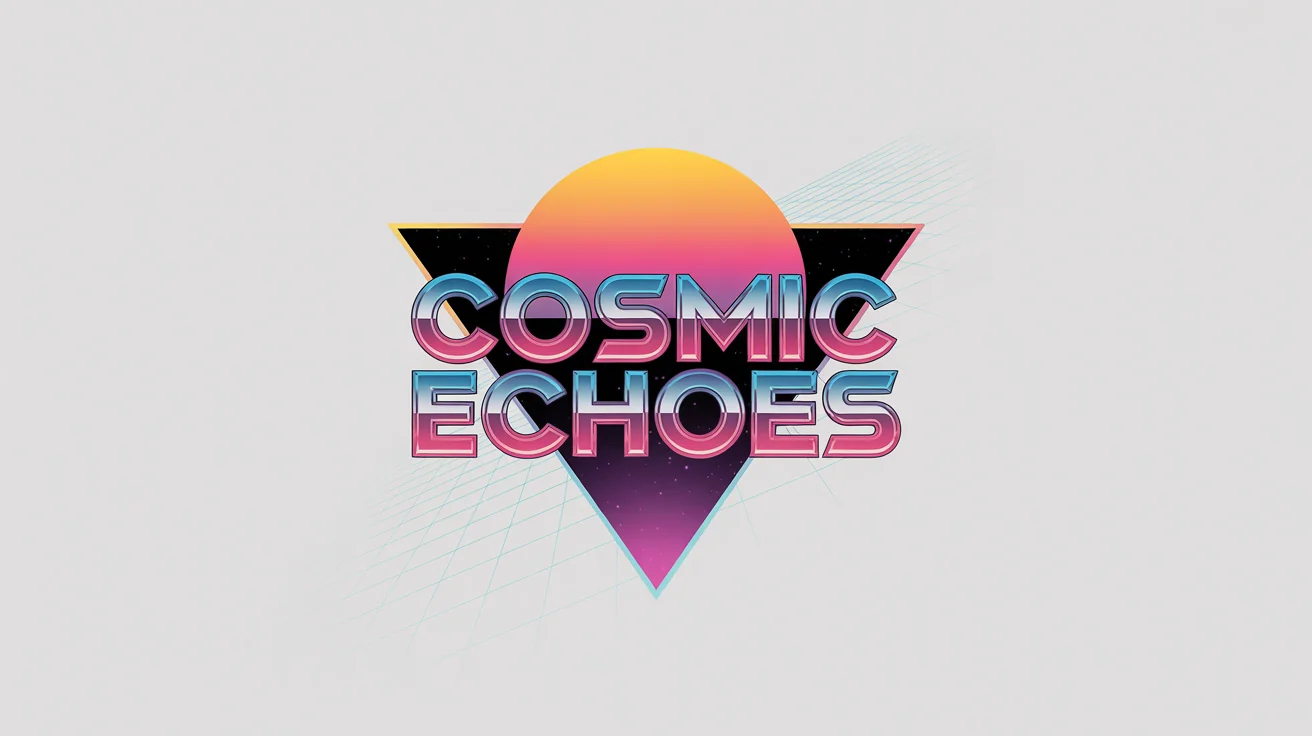 An 80s-style logo for the fictional band 'Cosmic Echoes', featuring chrome text, neon pink glows, and a retro sunset graphic, all on a white background.