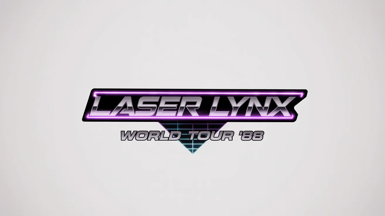 A mockup of an 80s style logo for a fictional band called 'Laser Lynx'. The text is in a chrome and magenta neon style, set against a blue glowing triangle on a white background.
