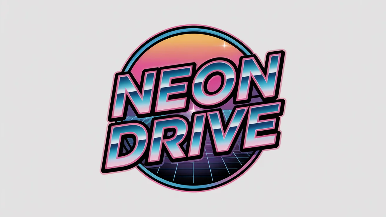 A mockup of an 80s-style logo on a white background. The logo says "Neon Drive" in a chrome and neon font in front of a retro digital sunset.