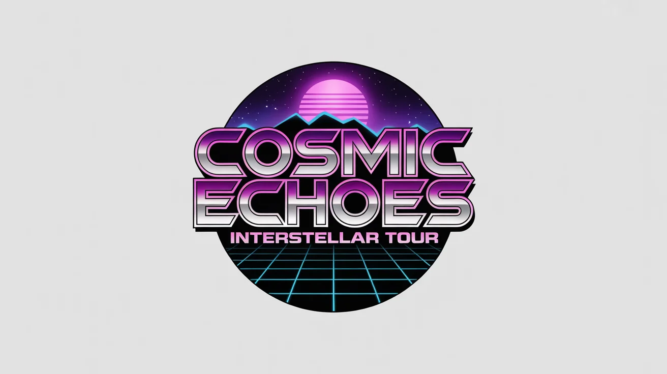An 80s-style logo mockup for a fictional band named 'Cosmic Echoes'. The logo features chrome and neon text over a synthwave landscape, isolated on a white background.