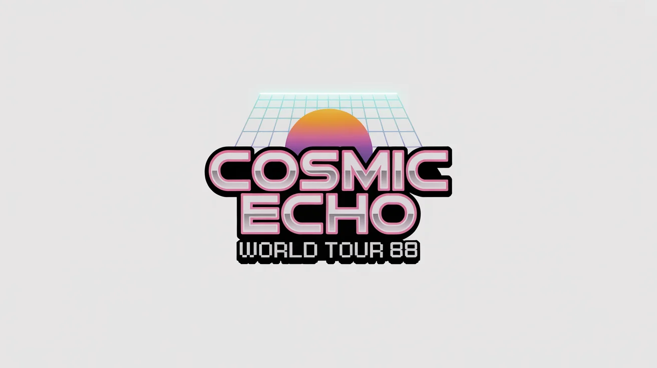 A mockup of a 1980s-style logo for a fictional band named 'Cosmic Echo'. The logo features chrome text with a neon pink glow, set against a retro grid and sunset design on a white background.