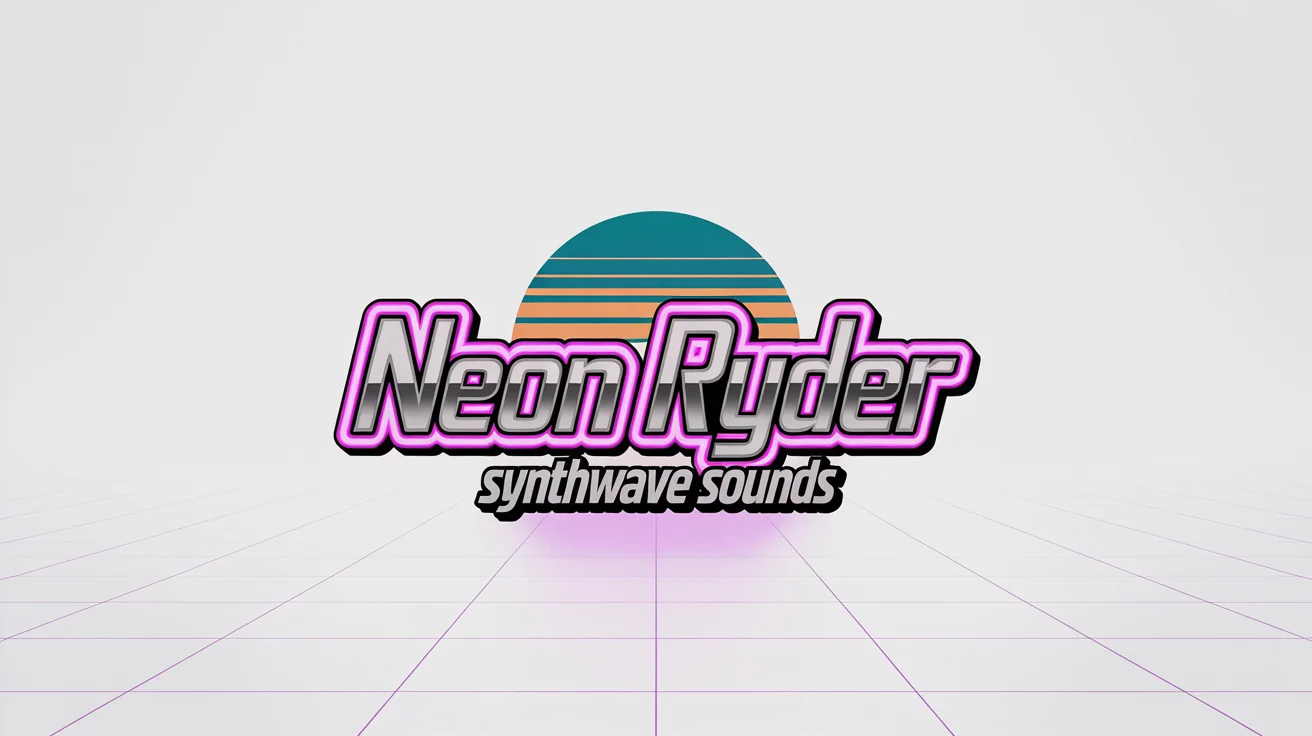 A mockup of an 80s style logo for a fictional band called 'Neon Ryder'. The logo features chrome lettering, pink neon glows, and a retro sunset design, all on a plain white background.